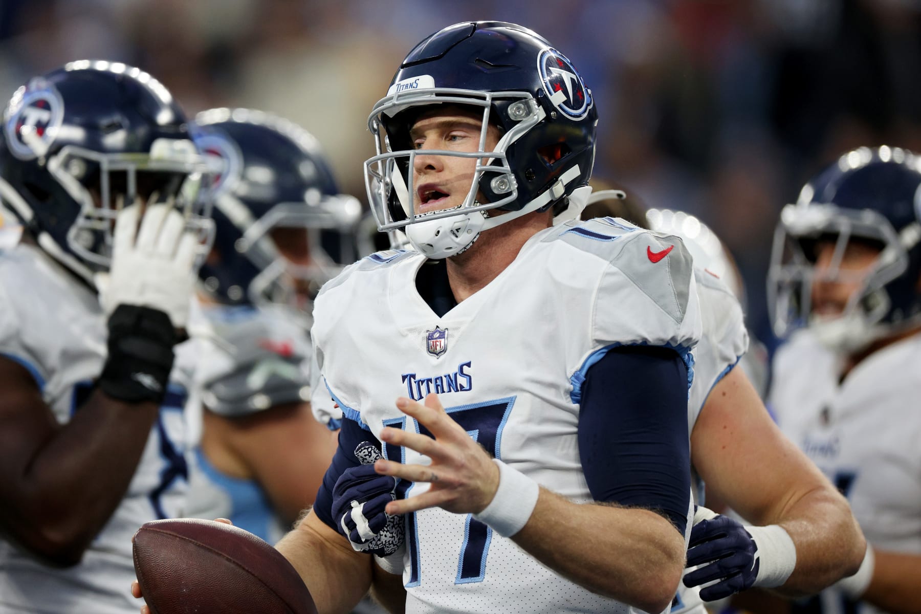 INGLEWOOD, CALIFORNIA - DECEMBER 18: Ryan Tannehill #17 of the Tennessee Titans reacts after a touchdown during the fourth quarter of the game against the Los Angeles Chargers at SoFi Stadium on December 18, 2022 in Inglewood, California. (Photo by Harry How/Getty Images)