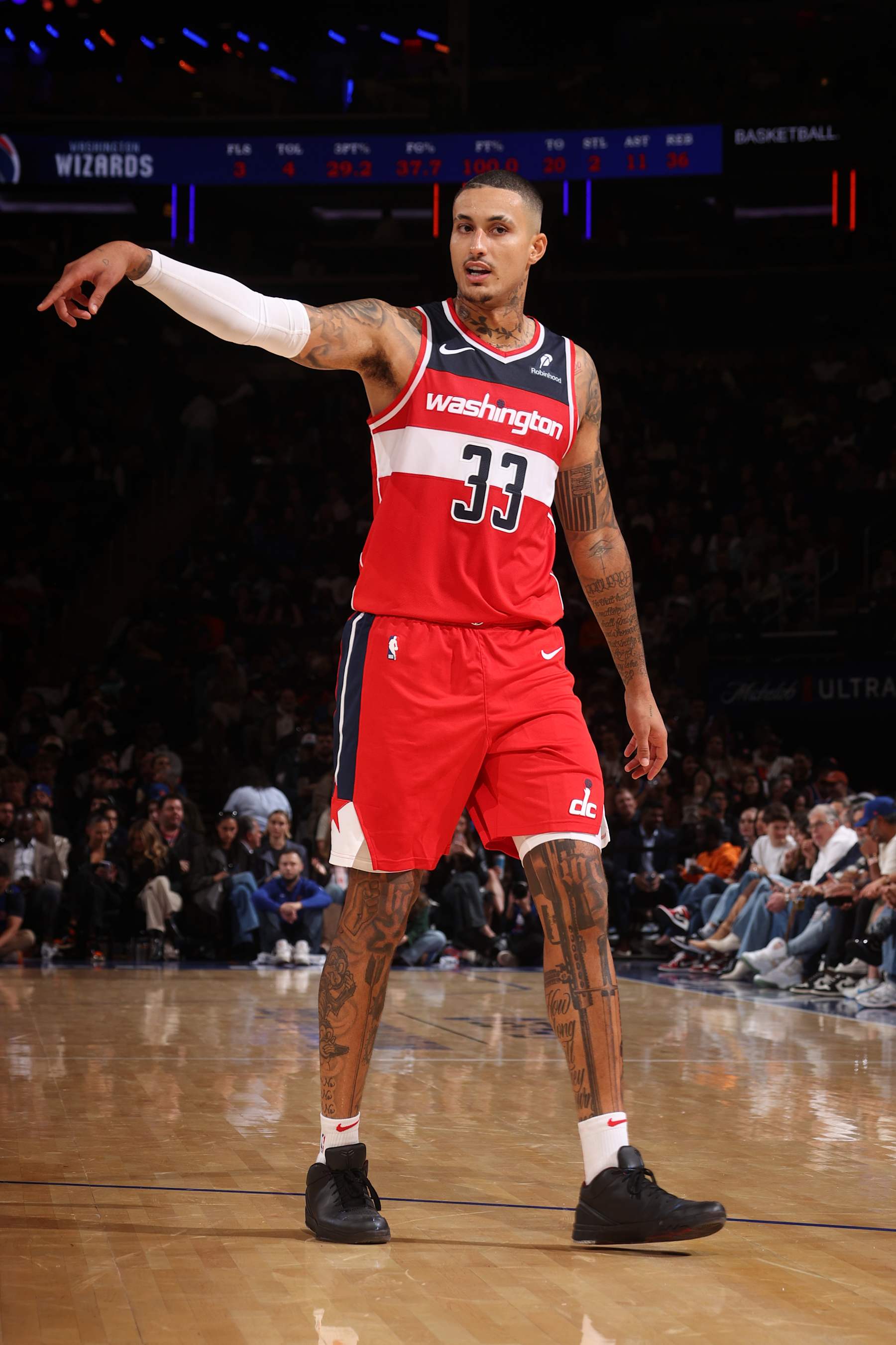 NEW YORK, NY - OCTOBER 9: Kyle Kuzma #33 of the Washington Wizards looks on during the game against the New York Knicks during the 2024 NBA Preseason on October 9, 2024 at Madison Square Garden in New York City, New York.  NOTE TO USER: User expressly acknowledges and agrees that, by downloading and or using this photograph, User is consenting to the terms and conditions of the Getty Images License Agreement. Mandatory Copyright Notice: Copyright 2024 NBAE  (Photo by Nathaniel S. Butler/NBAE via Getty Images)