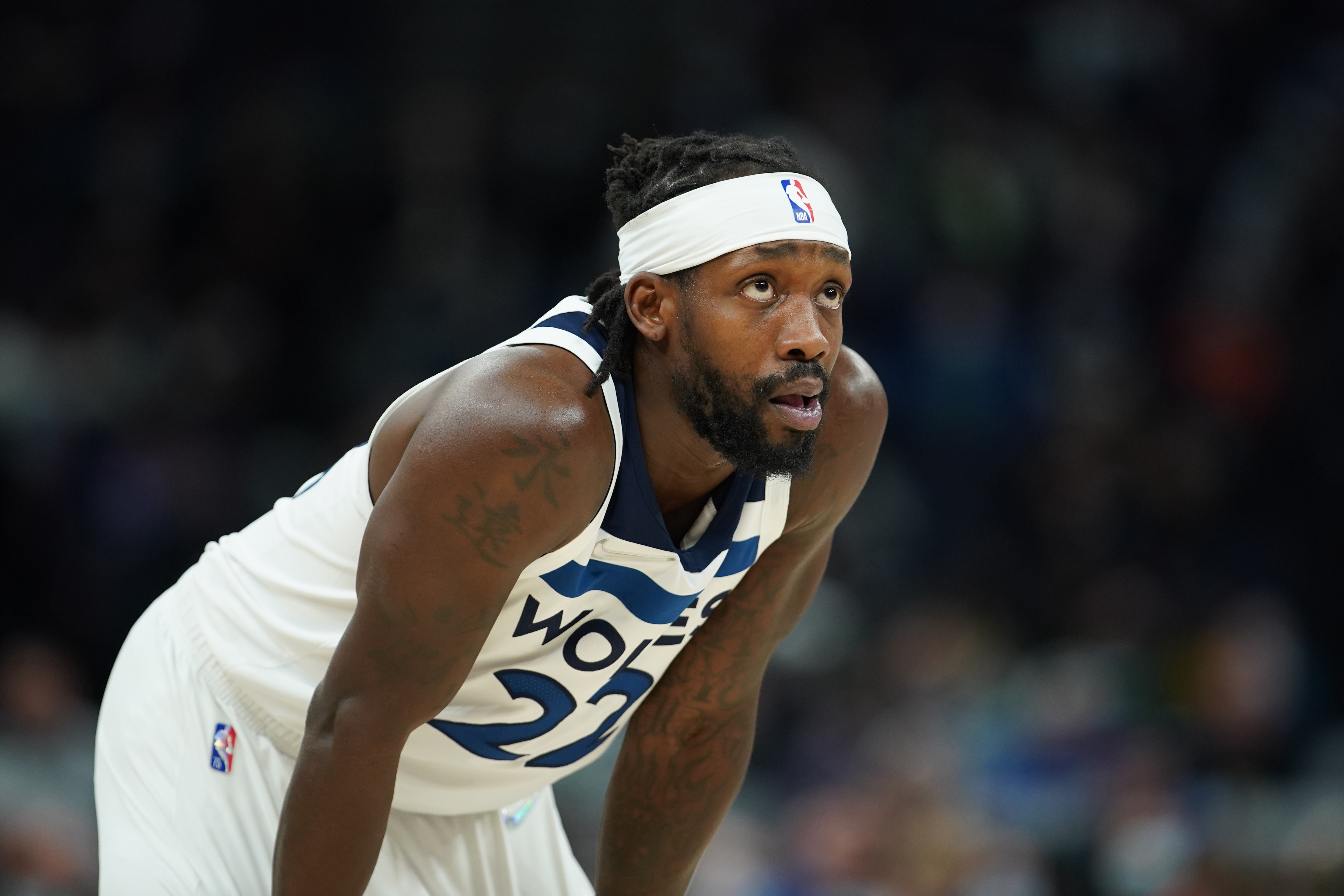 MINNEAPOLIS, MN - FEBRUARY 15: Patrick Beverley #22 of the Minnesota Timberwolves looks on during the game against the Charlotte Hornets on February 15, 2022 at Target Center in Minneapolis, Minnesota. NOTE TO USER: User expressly acknowledges and agrees that, by downloading and or using this Photograph, user is consenting to the terms and conditions of the Getty Images License Agreement. Mandatory Copyright Notice: Copyright 2022 NBAE (Photo by Jordan Johnson/NBAE via Getty Images)