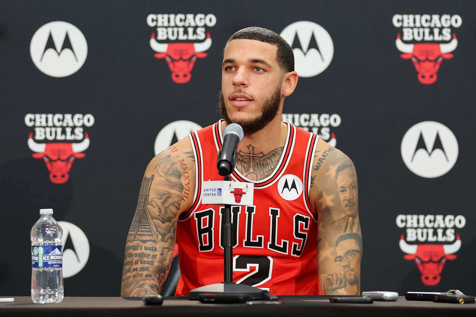 CHICAGO, ILLINOIS - OCTOBER 02: Lonzo Ball #2 of the Chicago Bulls answers questions from reporters during Media Day at Advocate Center on October 02, 2023 in Chicago, Illinois. (Photo by Michael Reaves/Getty Images)