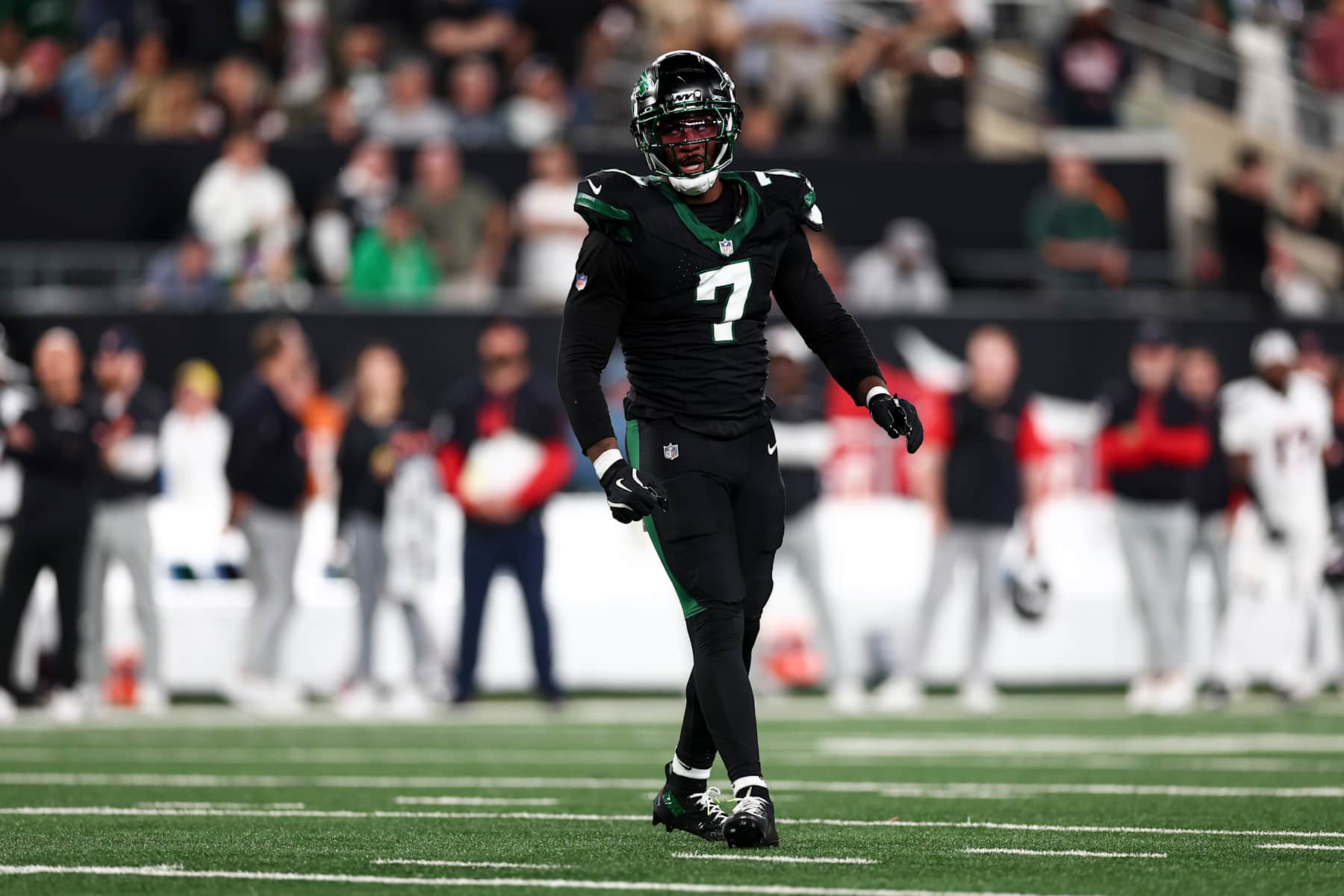 EAST RUTHERFORD, NEW JERSEY - OCTOBER 31: Haason Reddick #7 of the New York Jets celebrates after a sack during an NFL football game against the Houston Texans, Thursday at MetLife Stadium on October 31, 2024 in East Rutherford, NJ. (Photo by Kevin Sabitus/Getty Images)