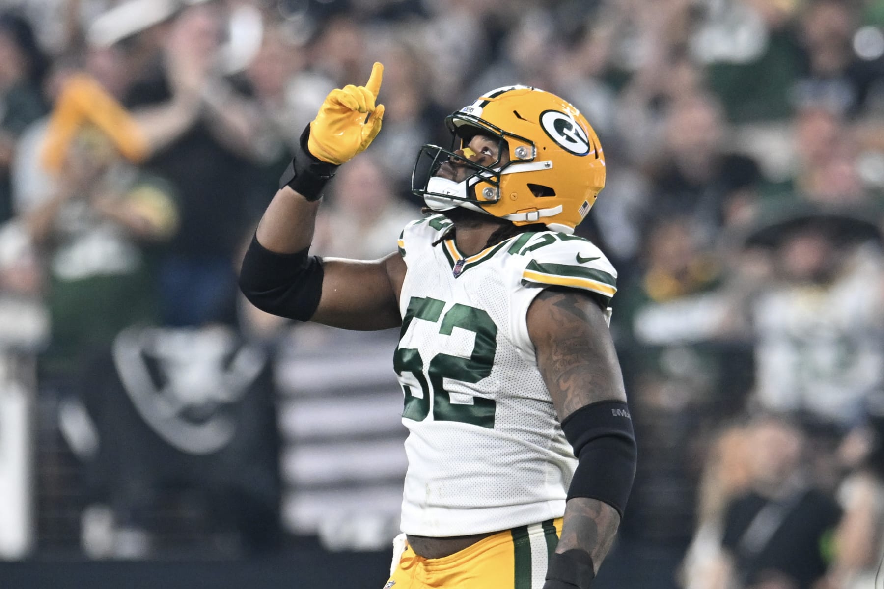 LAS VEGAS, NEVADA - OCTOBER 09: Rashan Gary #52 of the Green Bay Packers celebrates his fourth quarter sack on Jimmy Garoppolo #10 of the Las Vegas Raiders at Allegiant Stadium on October 09, 2023 in Las Vegas, Nevada. The Raiders defeated the Packers 17-13. (Photo by Candice Ward/Getty Images)