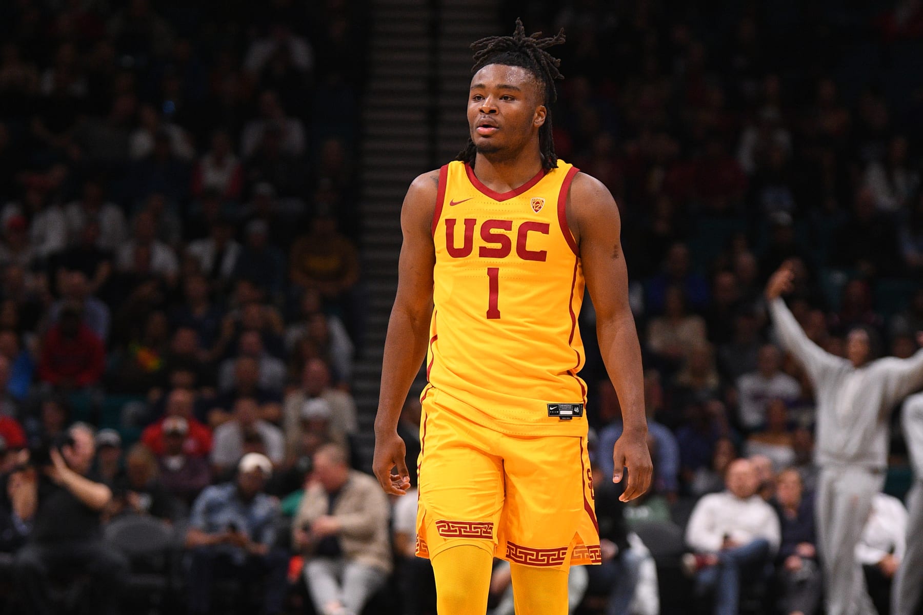 LAS VEGAS, NV - DECEMBER 02: USC Trojans guard Isaiah Collier (1) looks on during the Legends of Basketball Las Vegas Invitational between Gonzaga Bulldogs vs USC Trojans on December 2, 2023 at MGM Grand Arena in Las Vegas, NV. (Photo by Brian Rothmuller/Icon Sportswire via Getty Images)