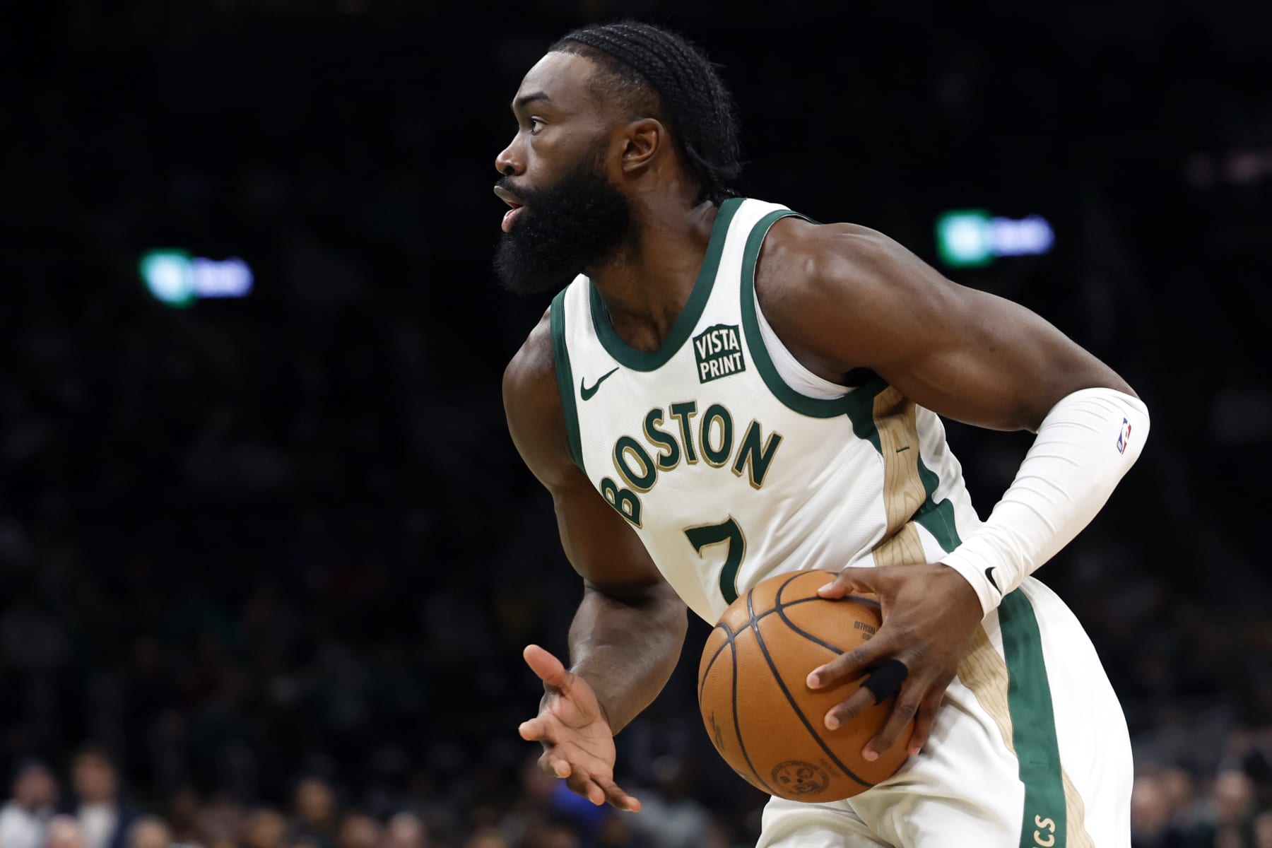 Boston, MA - January 30: Boston Celtics SG Jaylen Brown looks to pass in the first quarter. The Celtics beat the Indiana Pacers, 129-124. (Photo by Danielle Parhizkaran/The Boston Globe via Getty Images)