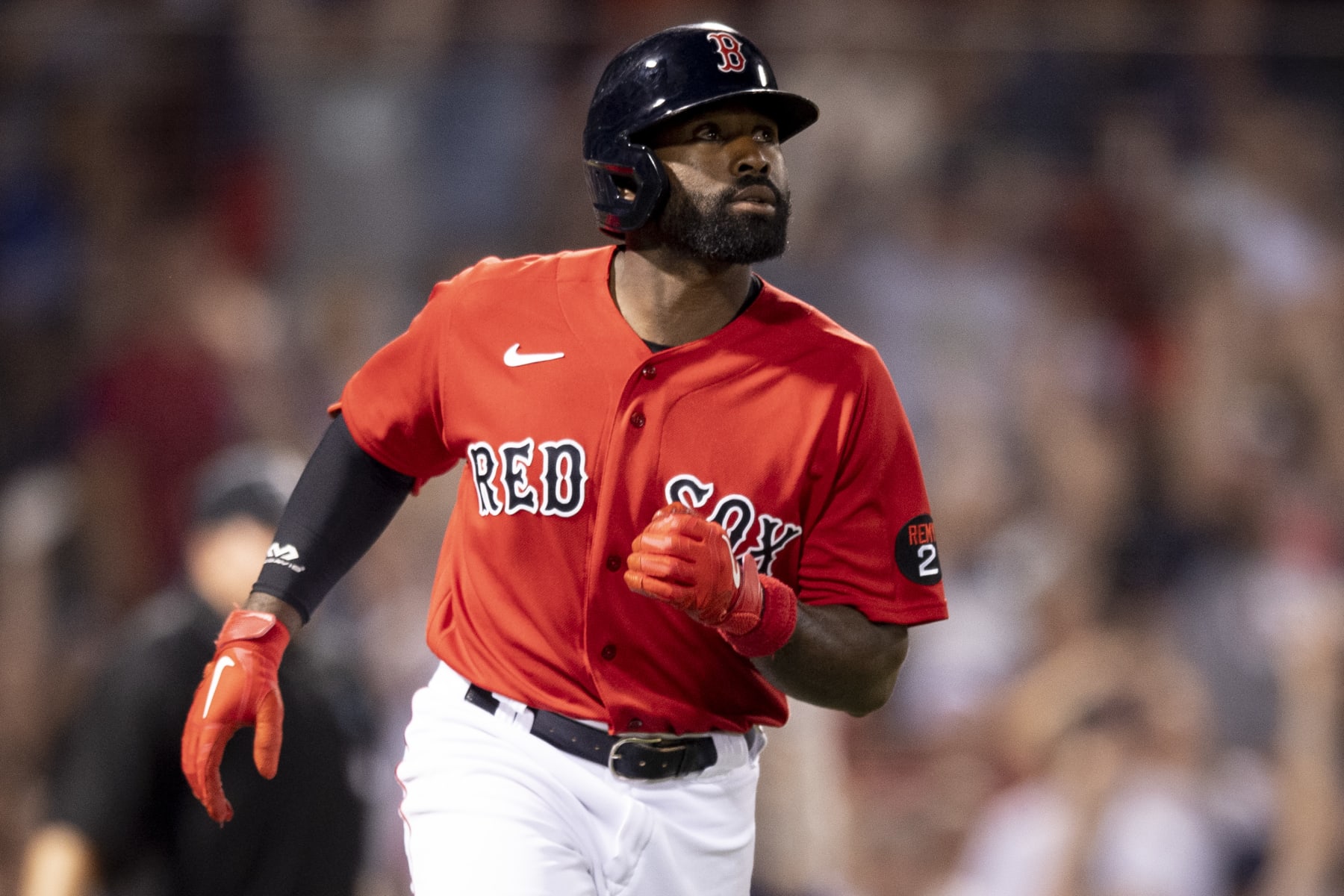 BOSTON, MA - JULY 22: Jackie Bradley Jr. #19 of the Boston Red Sox runs after hitting a two-run home run during the fourth inning of a game against the Toronto Blue Jays on July 22, 2022 at Fenway Park in Boston, Massachusetts. (Photo by Maddie Malhotra/Boston Red Sox/Getty Images)
