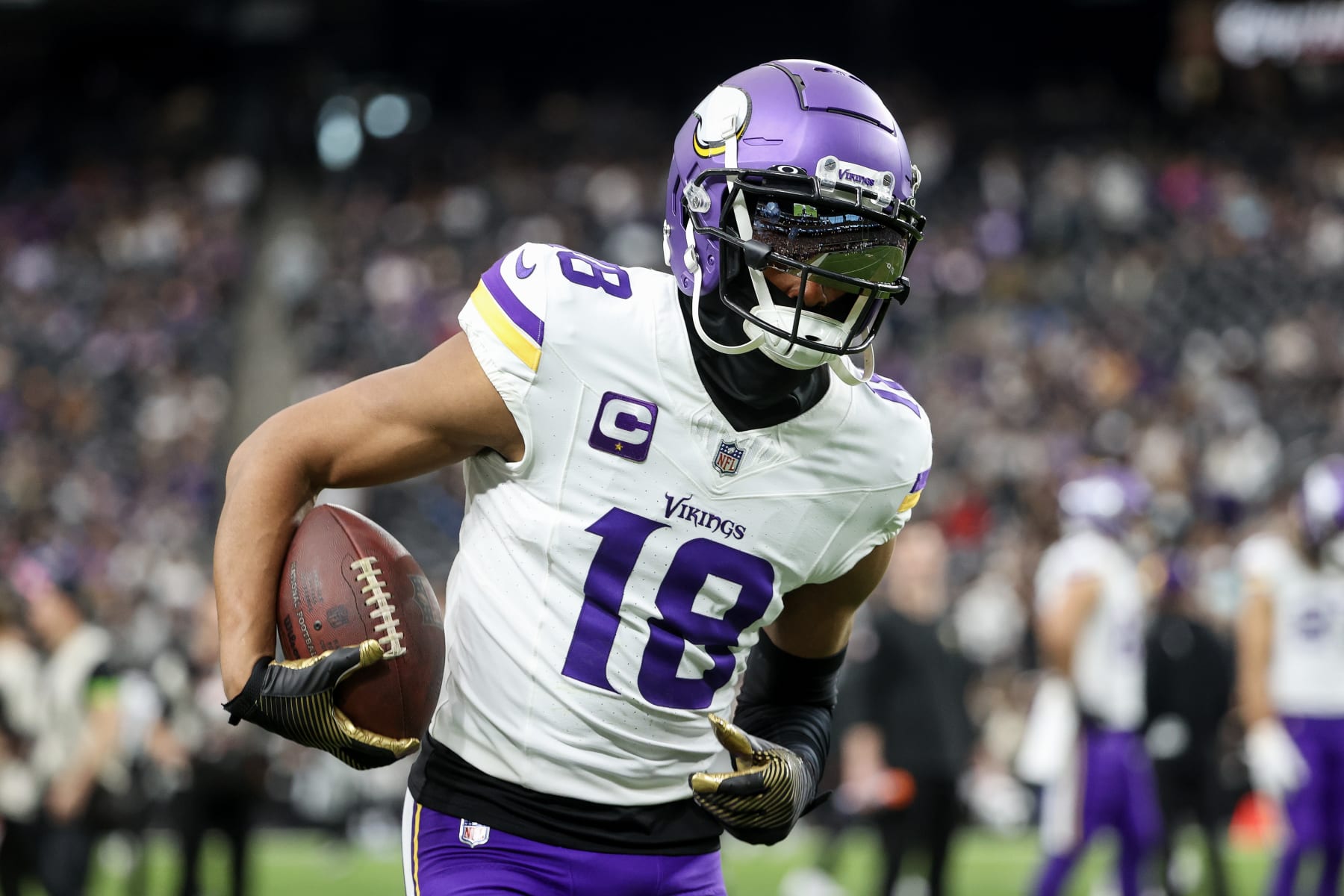 LAS VEGAS, NEVADA - DECEMBER 10: Justin Jefferson #18 of the Minnesota Vikings warms up before the game against the Las Vegas Raiders at Allegiant Stadium on December 10, 2023 in Las Vegas, Nevada. (Photo by Ian Maule/Getty Images)