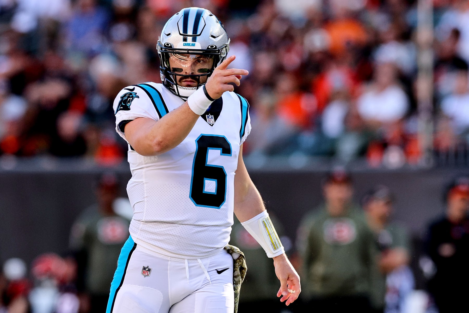 CINCINNATI, OHIO - NOVEMBER 06: Baker Mayfield #6 of the Carolina Panthers reacts after a play during the third quarter in the game against the Cincinnati Bengals at Paycor Stadium on November 06, 2022 in Cincinnati, Ohio. (Photo by Andy Lyons/Getty Images)