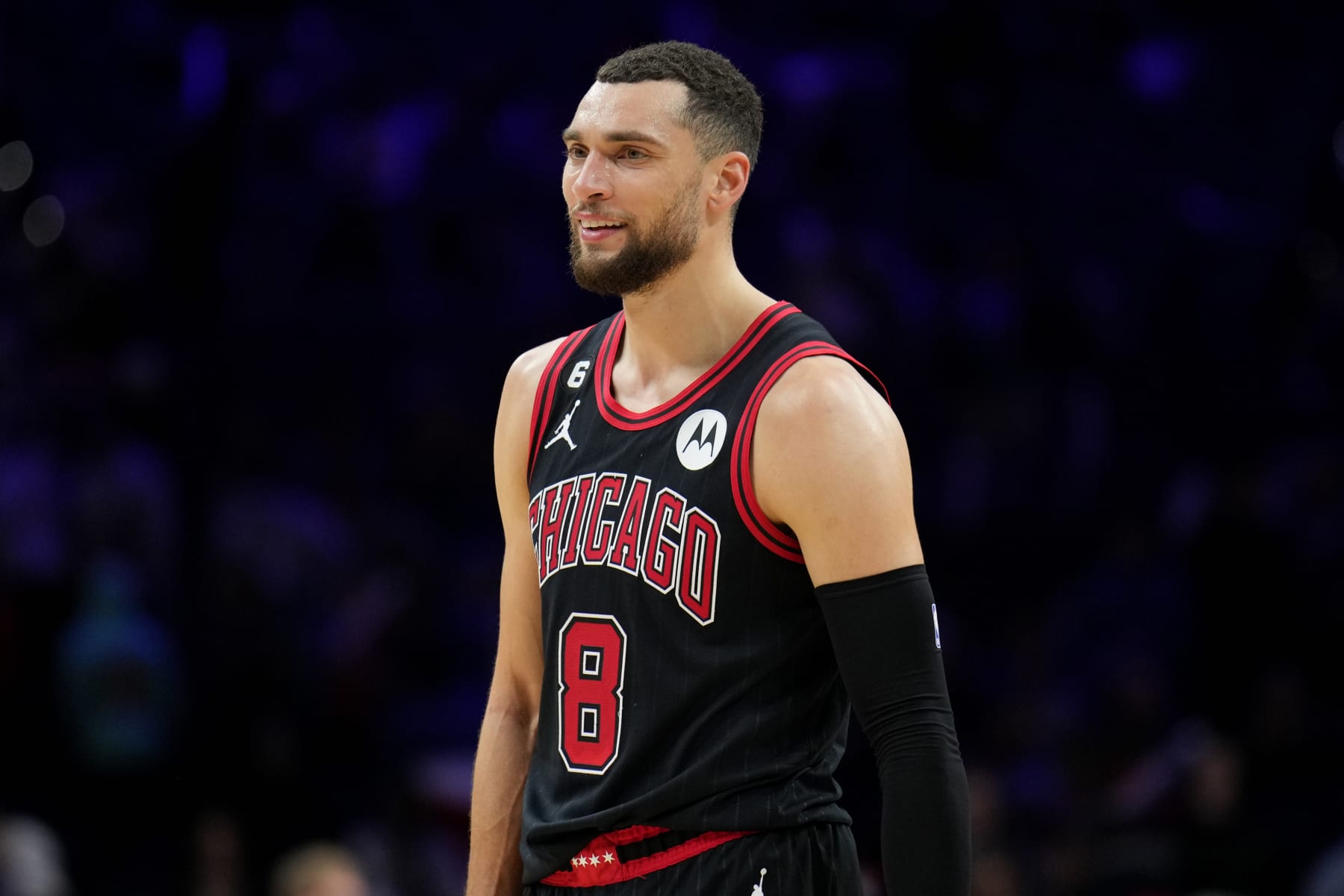 PHILADELPHIA, PA - JANUARY 6: Zach LaVine #8 of the Chicago Bulls looks on after the game against the Philadelphia 76ers on January 6, 2023 at the Wells Fargo Center in Philadelphia, Pennsylvania NOTE TO USER: User expressly acknowledges and agrees that, by downloading and/or using this Photograph, user is consenting to the terms and conditions of the Getty Images License Agreement. Mandatory Copyright Notice: Copyright 2023 NBAE (Photo by Jesse D. Garrabrant/NBAE via Getty Images)