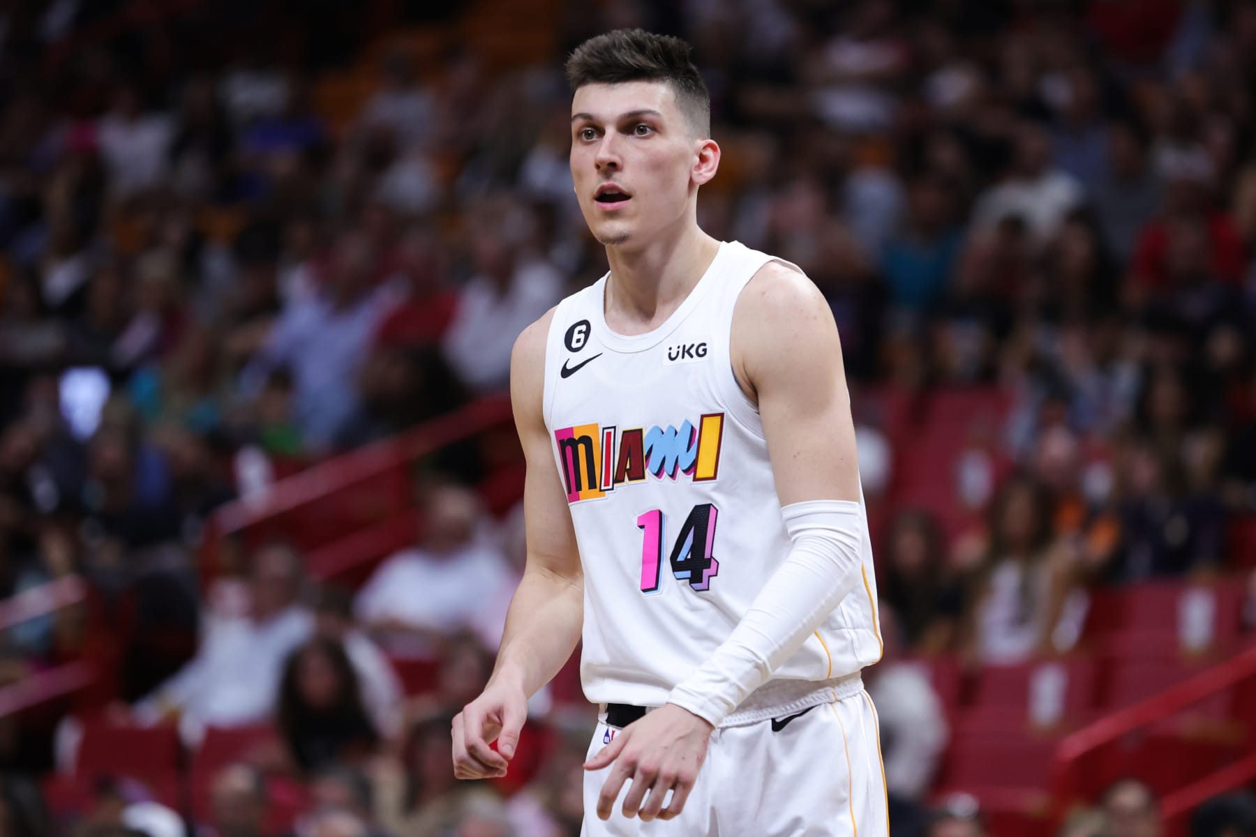 MIAMI, FLORIDA - MARCH 25: Tyler Herro #14 of the Miami Heat in action against the Brooklyn Nets during the second quarter at Miami-Dade Arena on March 25, 2023 in Miami, Florida. NOTE TO USER: User expressly acknowledges and agrees that, by downloading and or using this photograph, User is consenting to the terms and conditions of the Getty Images License Agreement.  (Photo by Megan Briggs/Getty Images)