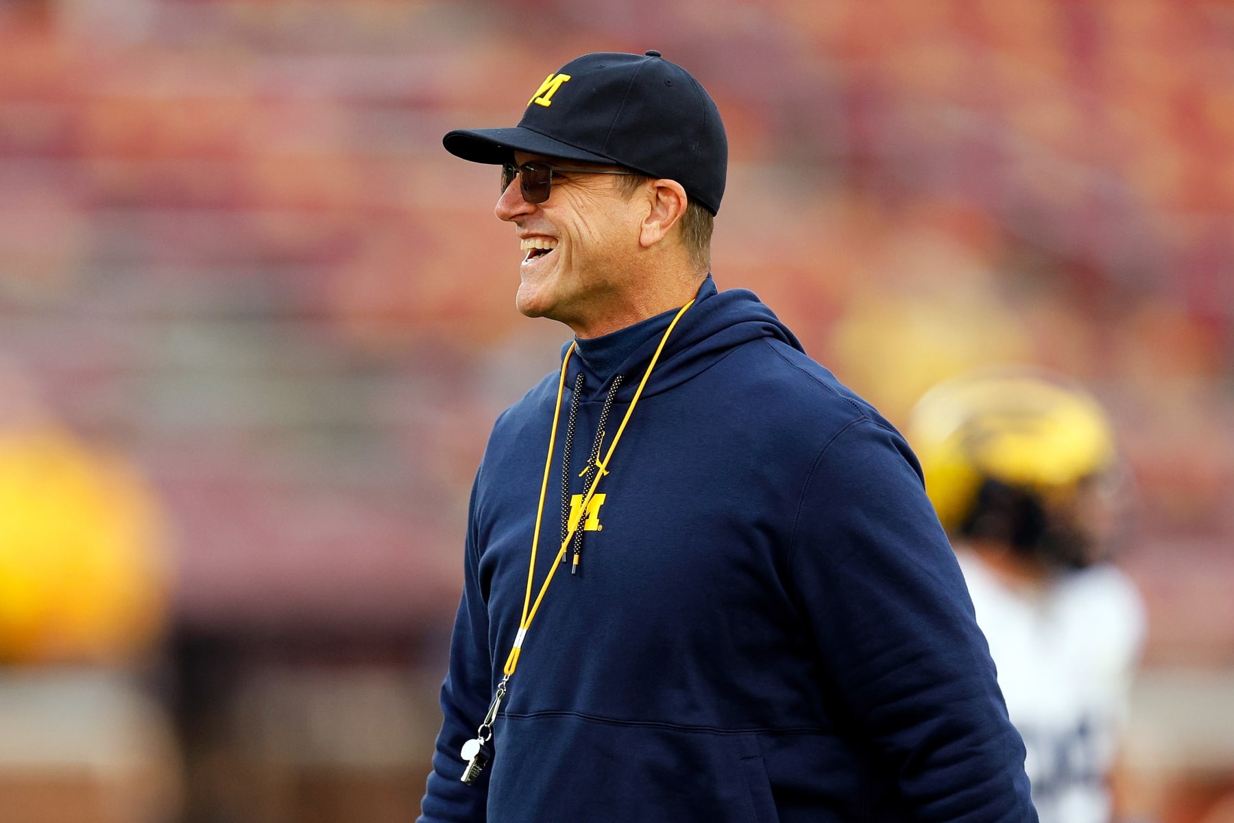 MINNEAPOLIS, MINNESOTA - OCTOBER 07: Head coach Jim Harbaugh of the Michigan Wolverines looks on prior to the start of the game against the Minnesota Golden Gophers at Huntington Bank Stadium on October 07, 2023 in Minneapolis, Minnesota. The Wolverines defeated the Golden Gophers 52-10. (Photo by David Berding/Getty Images)