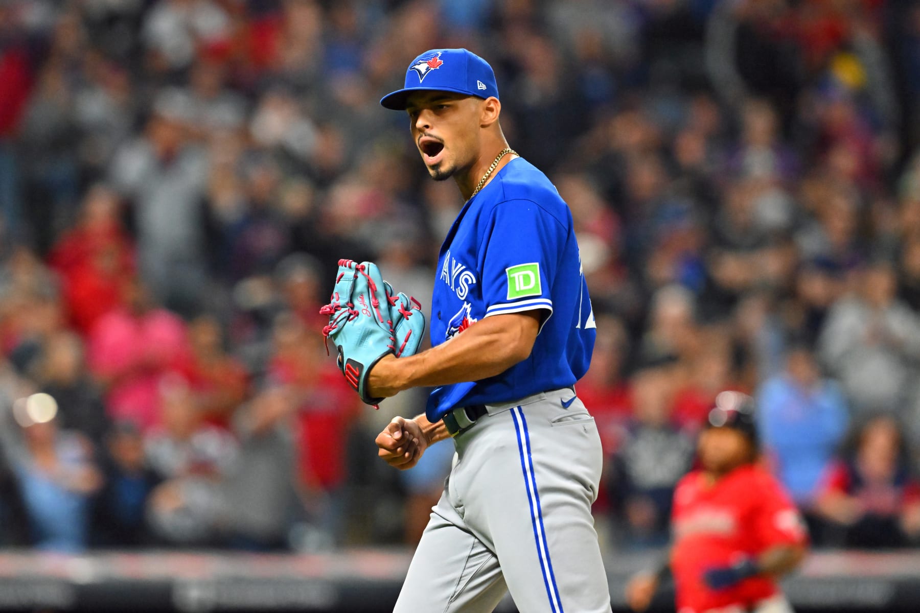 CLEVELAND, OHIO - AUGUST 07: Jordan Hicks #12 of the Toronto Blue Jays reacts after the last out against the Cleveland Guardians at Progressive Field on August 07, 2023 in Cleveland, Ohio. The Blue Jays defeated the Guardians 3-1. (Photo by Jason Miller/Getty Images)