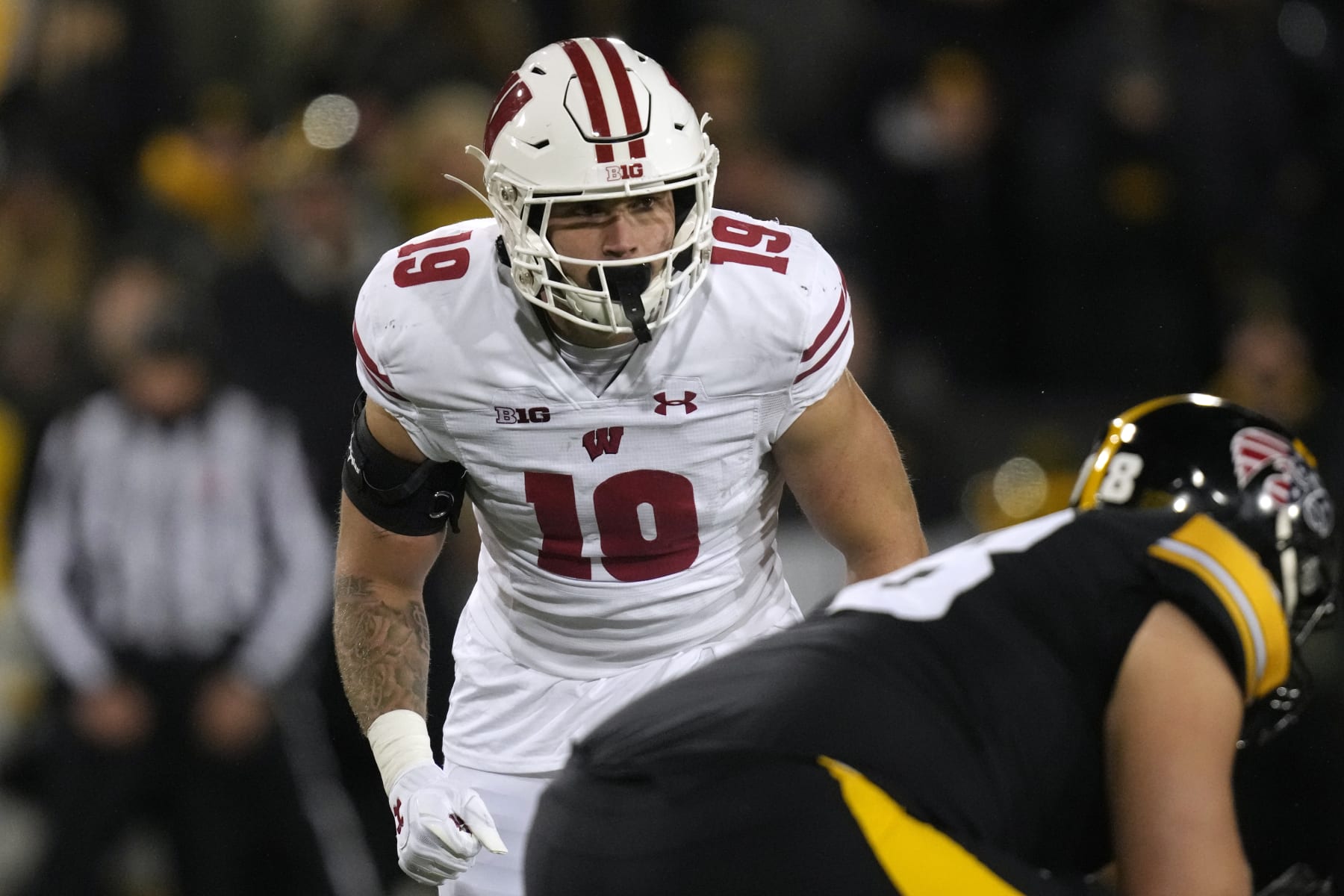 Wisconsin linebacker Nick Herbig gets set for a play during the second half of an NCAA college football game against Iowa, Saturday, Nov. 12, 2022, in Iowa City, Iowa. Iowa won 24-10. (AP Photo/Charlie Neibergall)