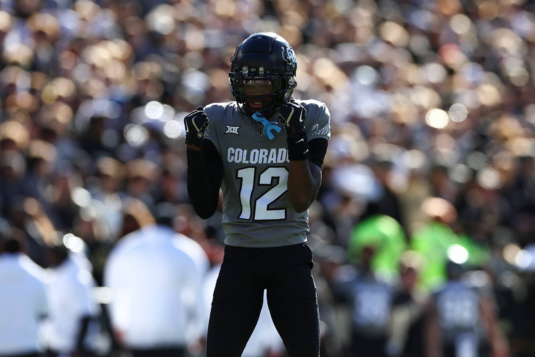BOULDER, COLORADO - NOVEMBER 16: Travis Hunter #12 of the Colorado Buffaloes reacts during the first half against the Utah Utes at Folsom Field on November 16, 2024 in Boulder, Colorado. (Photo by Aaron M. Sprecher/Getty Images)
