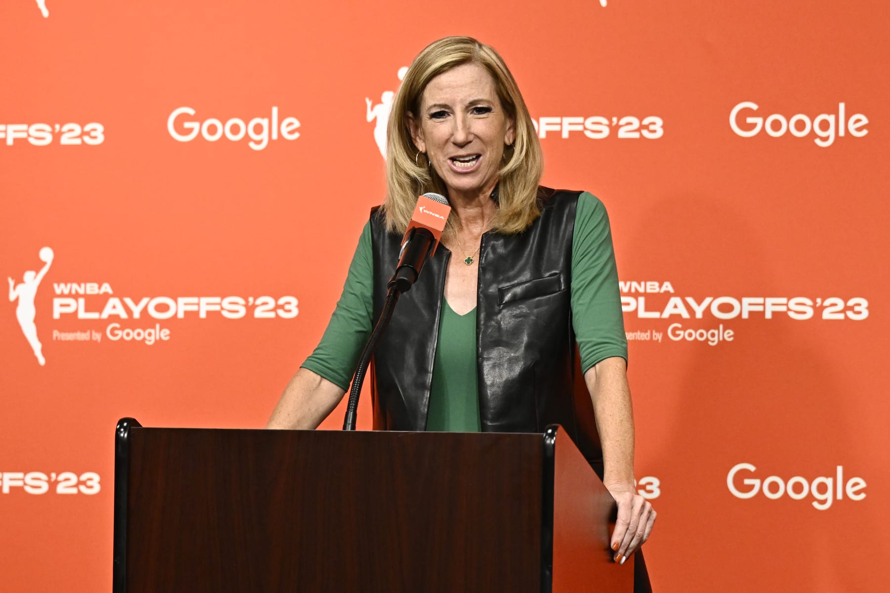 BROOKLYN, NY - SEPTEMBER 26: WNBA Commissioner Cathy Engelbert speaks to the media to award Breanna Stewart #30 of the New York Liberty with the 2023 Kia WNBA Most Valuable Player Award before the game against the Connecticut Sun during round two game two of the 2023 WNBA playoffs on September 26, 2023 in Brooklyn, New York. NOTE TO USER: User expressly acknowledges and agrees that, by downloading and or using this photograph, user is consenting to the terms and conditions of the Getty Images License Agreement. Mandatory Copyright Notice: Copyright 2023 NBAE (Photo by David Dow/NBAE via Getty Images)