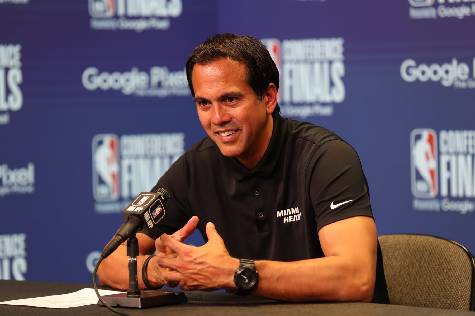 MIAMI, FL - MAY 21: Head Coach Erik Spoelstra of the Miami Heat speaks to the media after Round 3 Game 3 of the Eastern Conference Finals 2023 NBA Playoffs against the Boston Celtics on May 21, 2023 at Miami-Dade Arena in Miami, Florida. NOTE TO USER: User expressly acknowledges and agrees that, by downloading and or using this Photograph, user is consenting to the terms and conditions of the Getty Images License Agreement. Mandatory Copyright Notice: Copyright 2023 NBAE (Photo by Issac Baldizon/NBAE via Getty Images)