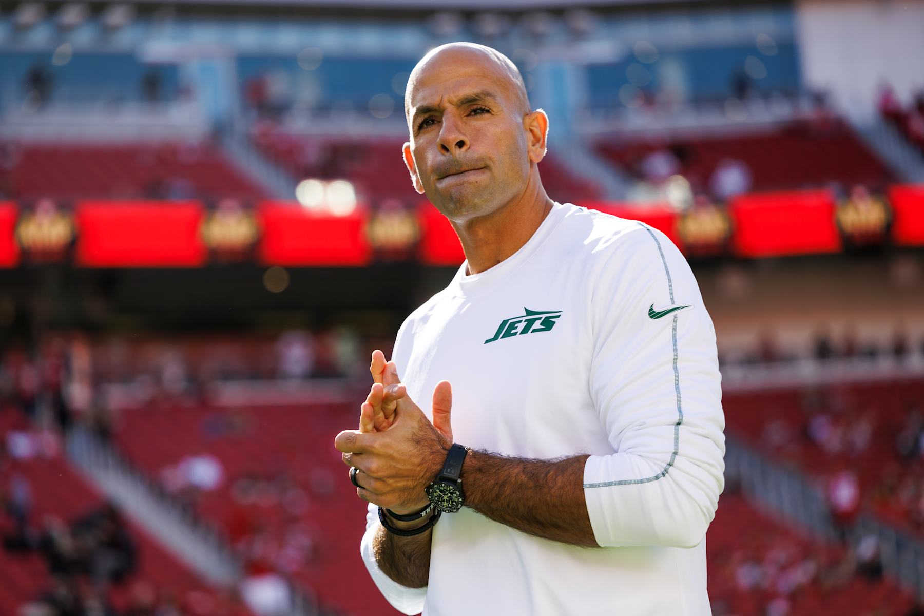 SANTA CLARA, CA - SEPTEMBER 9: Head coach Robert Saleh of the New York Jets stands on the field prior to an NFL football game against the San Francisco 49ers, at Levi's Stadium on September 9, 2024 in Santa Clara, California. (Photo by Brooke Sutton/Getty Images)
