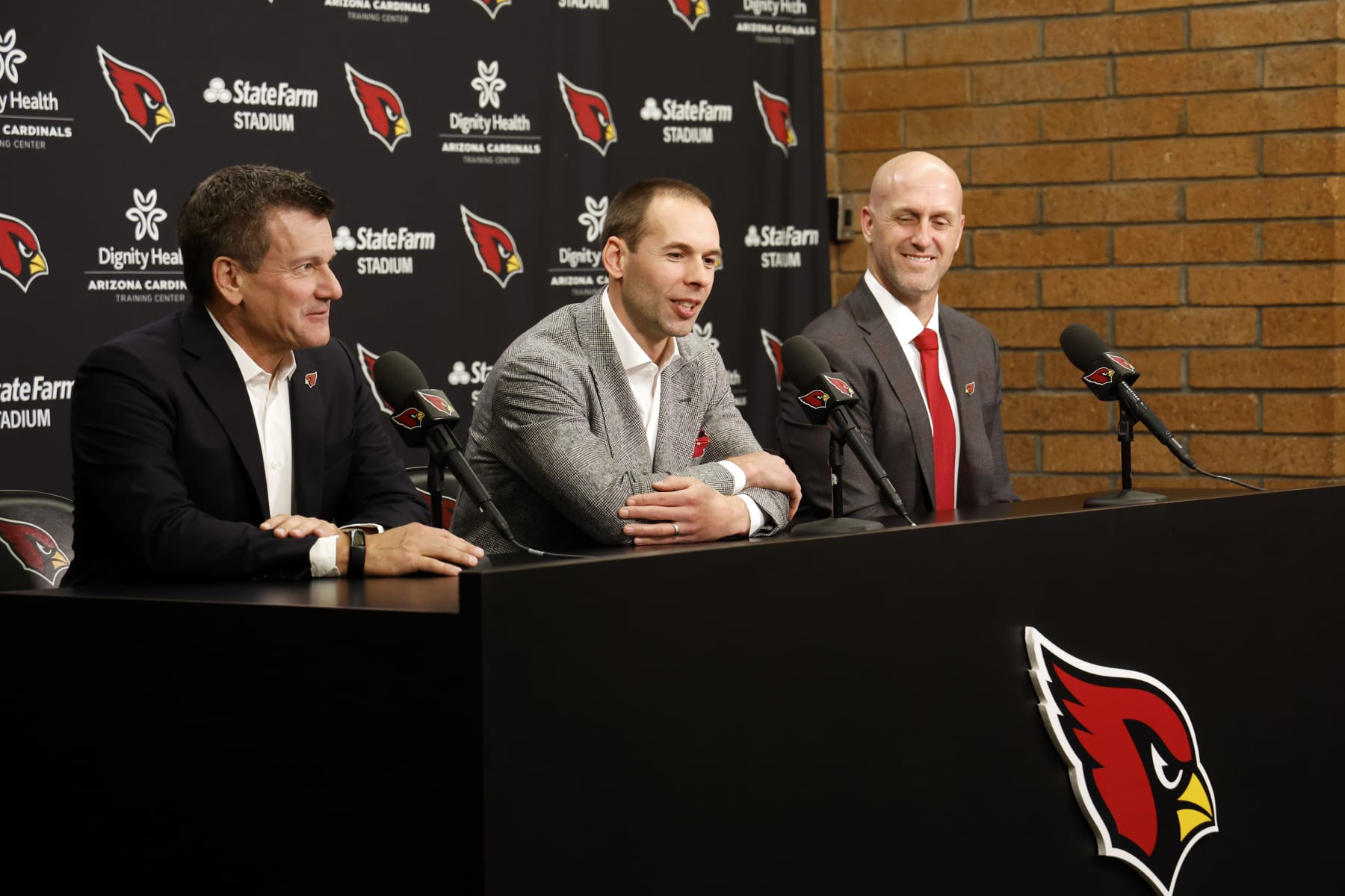 TEMPE, ARIZONA - FEBRUARY 16: (L-R) Owner Michael Bidwill, new head coach Jonathan Gannon and general manager Monti Ossenfort of the Arizona Cardinals answer a question from the media during a press conference at Dignity Health Arizona Cardinals Training Center on February 16, 2023 in Tempe, Arizona. (Photo by Chris Coduto/Getty Images)