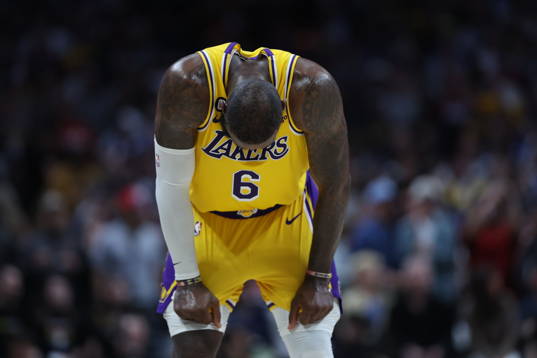 DENVER, COLORADO - MAY 18: LeBron James #6 of the Los Angeles Lakers reacts after losing to the Denver Nuggets in game two of the Western Conference Finals at Ball Arena on May 18, 2023 in Denver, Colorado. NOTE TO USER: User expressly acknowledges and agrees that, by downloading and or using this photograph, User is consenting to the terms and conditions of the Getty Images License Agreement. (Photo by Matthew Stockman/Getty Images)