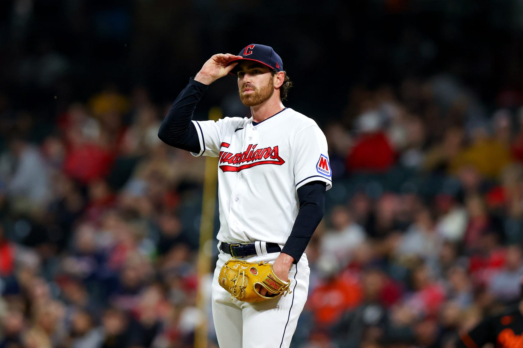 CLEVELAND, OH - SEPTEMBER 22: Cleveland Guardians starting pitcher Shane Bieber (57) on the mound during the third inning of the Major League Baseball game between the Baltimore Orioles and Cleveland Guardians on September 22, 2023, at Progressive Field in Cleveland, OH. (Photo by Frank Jansky/Icon Sportswire via Getty Images)