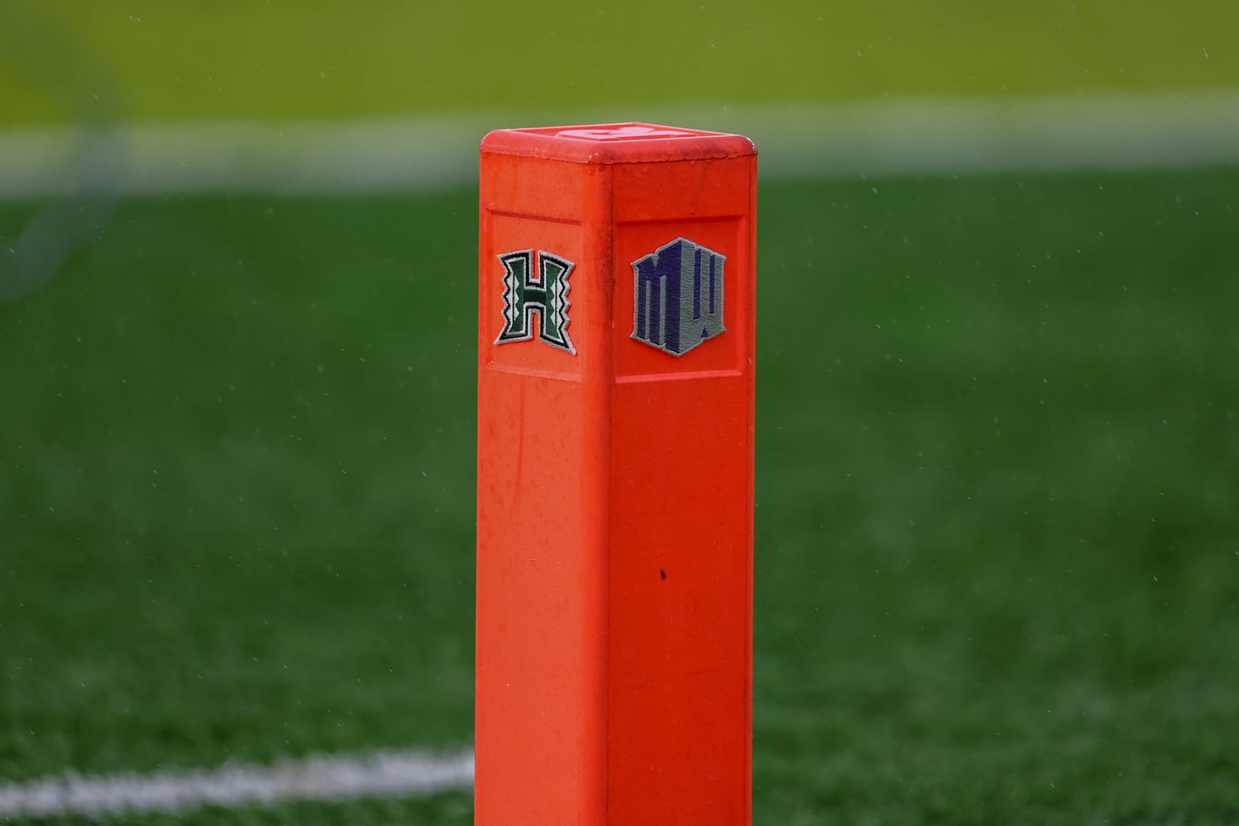 HONOLULU, HI - AUGUST 24: The Hawaii Rainbow Warrior and the Mountain West logos on a pylon at the Clarence T.C. Ching Athletics Complex on August 24, 2024 in Honolulu, Hawaii. (Photo by Darryl Oumi/Getty Images)