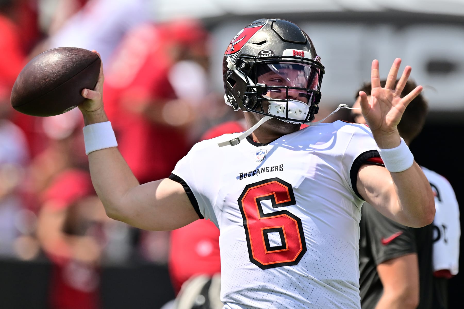 TAMPA, FLORIDA - SEPTEMBER 17: Baker Mayfield #6 of the Tampa Bay Buccaneers warms up prior to his game against the Chicago Bearsat Raymond James Stadium on September 17, 2023 in Tampa, Florida. (Photo by Julio Aguilar/Getty Images)