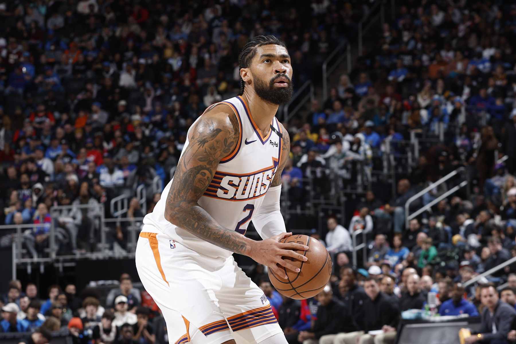 DETROIT, MI - JANUARY 18: Nick Richards #2 of the Phoenix Suns shoots a free throw during the game against the Detroit Pistons on January 18, 2025 at Little Caesars Arena in Detroit, Michigan. NOTE TO USER: User expressly acknowledges and agrees that, by downloading and/or using this photograph, User is consenting to the terms and conditions of the Getty Images License Agreement. Mandatory Copyright Notice: Copyright 2025 NBAE (Photo by Brian Sevald/NBAE via Getty Images)