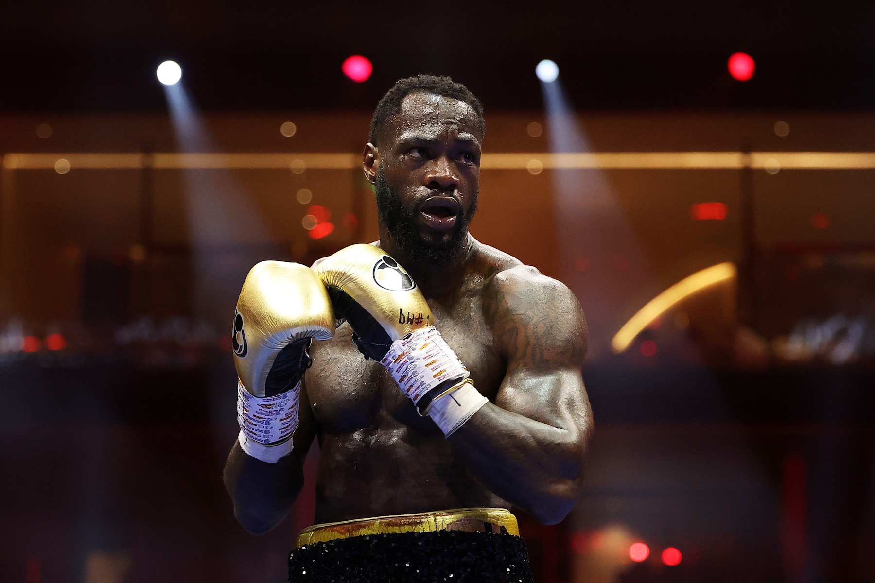 RIYADH, SAUDI ARABIA - JUNE 01: Deontay Wilder looks on during the Heavyweight fight between Deontay Wilder of Team Matchroom and Zhilei Zhang of Team Queensberry on the 5v5: Queensberry v Matchroom Fight Night card at Kingdom Arena on June 01, 2024 in Riyadh, Saudi Arabia. (Photo by Richard Pelham/Getty Images)