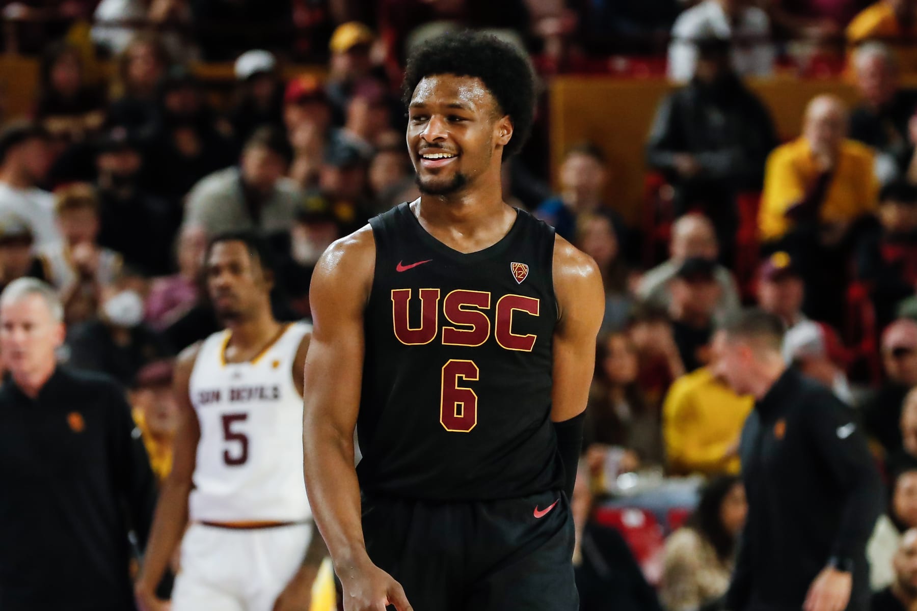 TEMPE, AZ - JANUARY 20: USC Trojans guard Bronny James (6) smiles during the college basketball game between the USC Trojans and the Arizona State Sun Devils on January 20, 2024 at Desert Financial Arena in Tempe, Arizona. (Photo by Kevin Abele/Icon Sportswire via Getty Images)