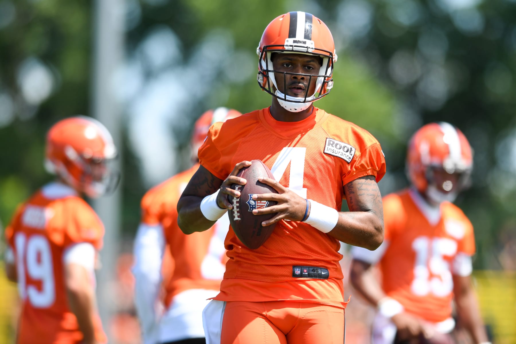 BEREA, OH - JULY 30: Deshaun Watson #4 of the Cleveland Browns runs a drill during Cleveland Browns training camp at CrossCountry Mortgage Campus on July 30, 2022 in Berea, Ohio. (Photo by Nick Cammett/Getty Images)