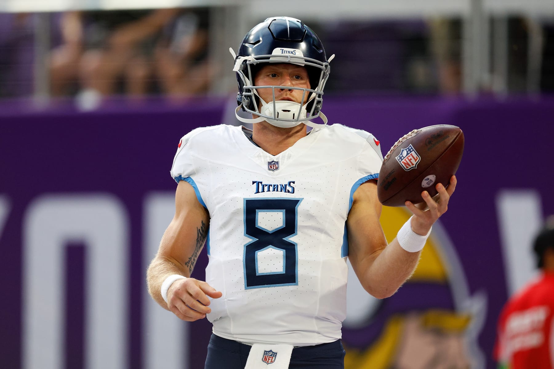 MINNEAPOLIS, MINNESOTA - AUGUST 19: Will Levis #8 of the Tennessee Titans looks on prior to the start of a preseason game against the Minnesota Vikings at U.S. Bank Stadium on August 19, 2023 in Minneapolis, Minnesota. The Titans defeated the Vikings 24-16. (Photo by David Berding/Getty Images)