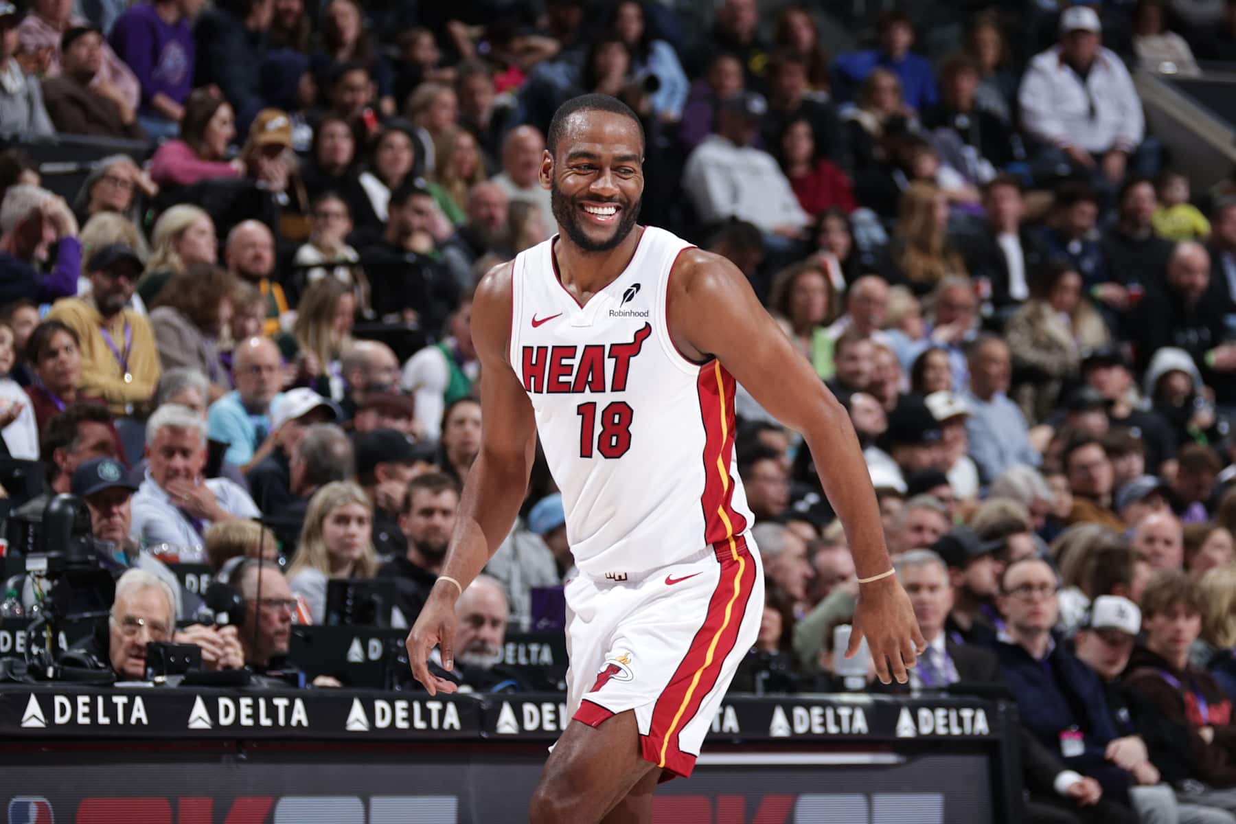 SALT LAKE CITY, UT - JANUARY 9: Alec Burks #18 of the Miami Heat smiles during the game against the Utah Jazz on January 9, 2025 at Delta Center in Salt Lake City, Utah. NOTE TO USER: User expressly acknowledges and agrees that, by downloading and or using this Photograph, User is consenting to the terms and conditions of the Getty Images License Agreement. Mandatory Copyright Notice: Copyright 2025 NBAE (Photo by Melissa Majchrzak/NBAE via Getty Images)