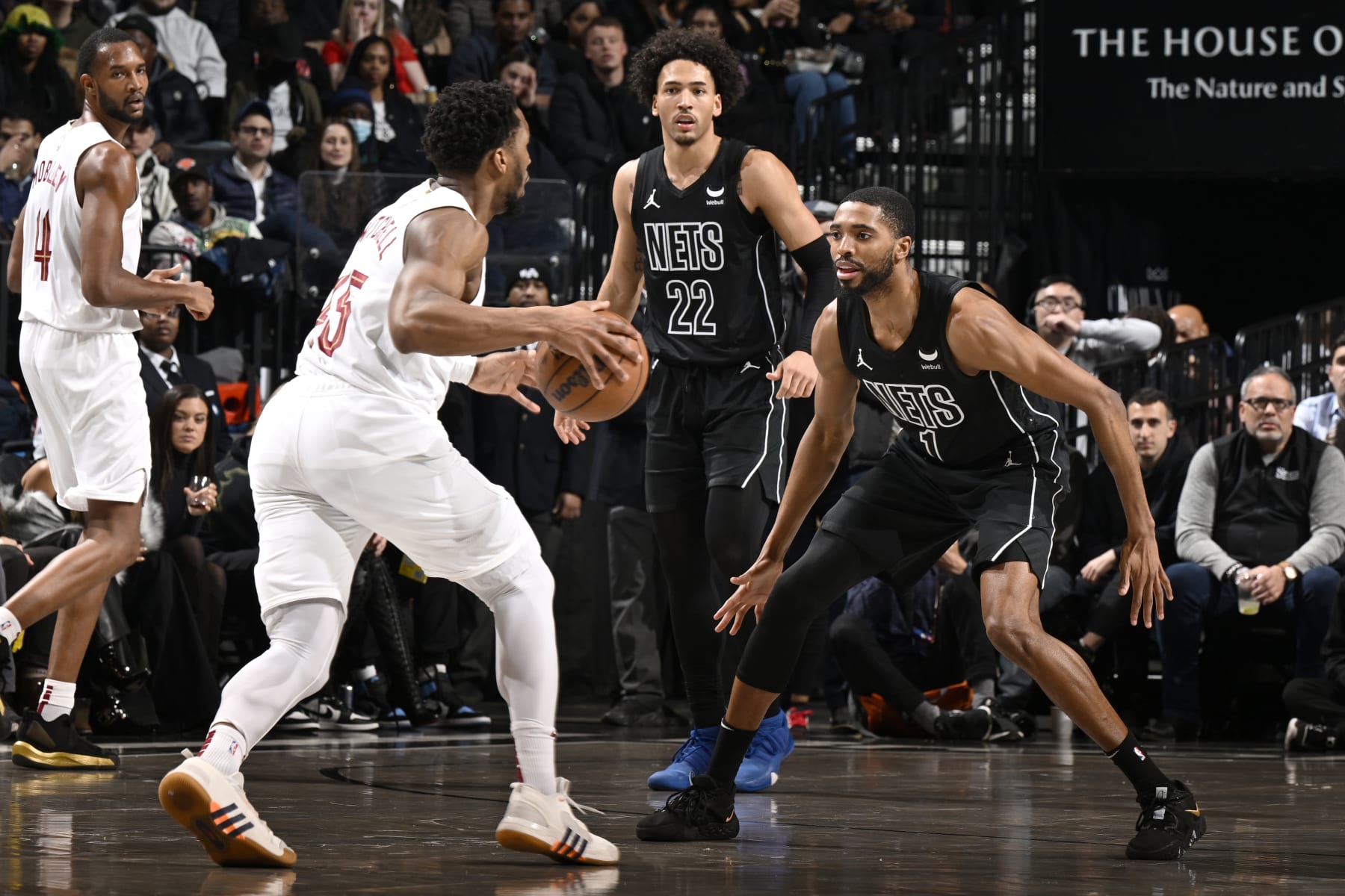 BROOKLYN, NY - FEBRUARY 8: Mikal Bridges #1 of the Brooklyn Nets plays defense during the game against the Cleveland Cavaliers on February 8, 2024 at the Barclays Center in Brooklyn, New York. NOTE TO USER: User expressly acknowledges and agrees that, by downloading and/or using this Photograph, user is consenting to the terms and conditions of the Getty Images License Agreement. Mandatory Copyright Notice: Copyright 2024 NBAE (Photo by David Dow/NBAE via Getty Images)