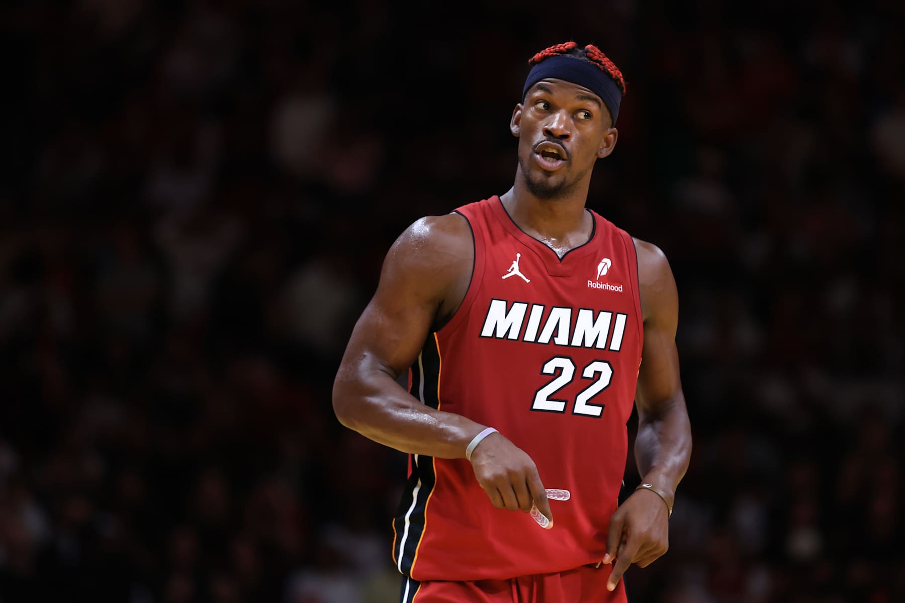 MIAMI, FLORIDA - NOVEMBER 26: Jimmy Butler #22 of the Miami Heat reacts against the Milwaukee Bucks during the fourth quarter of the Emirates NBA Cup at Kaseya Center on November 26, 2024 in Miami, Florida. NOTE TO USER: User expressly acknowledges and agrees that, by downloading and or using this photograph, User is consenting to the terms and conditions of the Getty Images License Agreement. (Photo by Megan Briggs/Getty Images)