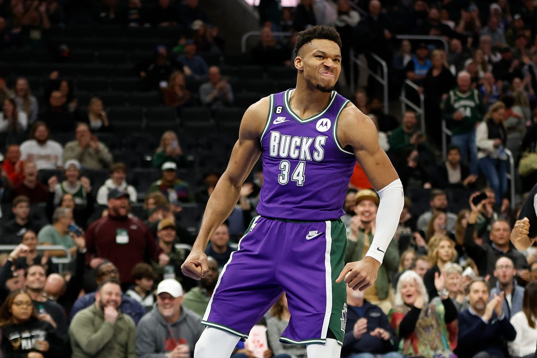 MILWAUKEE, WISCONSIN - MARCH 16: Giannis Antetokounmpo #34 of the Milwaukee Bucks reacts after a slam dunk during the first half of the game against the Indiana Pacers at Fiserv Forum on March 16, 2023 in Milwaukee, Wisconsin. NOTE TO USER: User expressly acknowledges and agrees that, by downloading and or using this photograph, User is consenting to the terms and conditions of the Getty Images License Agreement. (Photo by John Fisher/Getty Images)