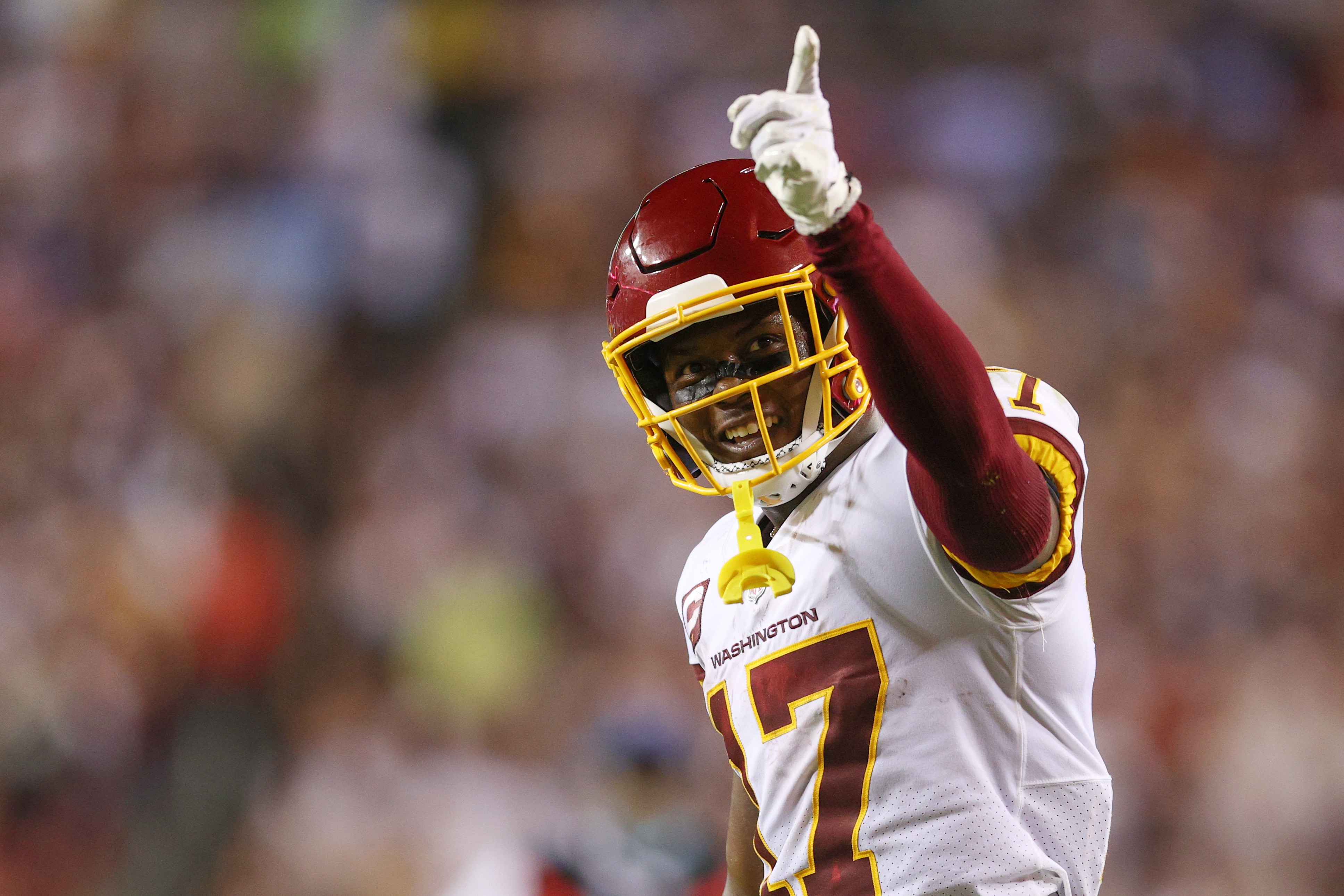 LANDOVER, MARYLAND - SEPTEMBER 16: Terry McLaurin #17 of the Washington Football Team reacts during the second quarter against the New York Giants at FedExField on September 16, 2021 in Landover, Maryland. (Photo by Patrick Smith/Getty Images) LANDOVER, MARYLAND - SEPTEMBER 16: Terry McLaurin #17 of the Washington Football Team reacts during the second quarter against the New York Giants at FedExField on September 16, 2021 in Landover, Maryland. (Photo by Patrick Smith/Getty Images)