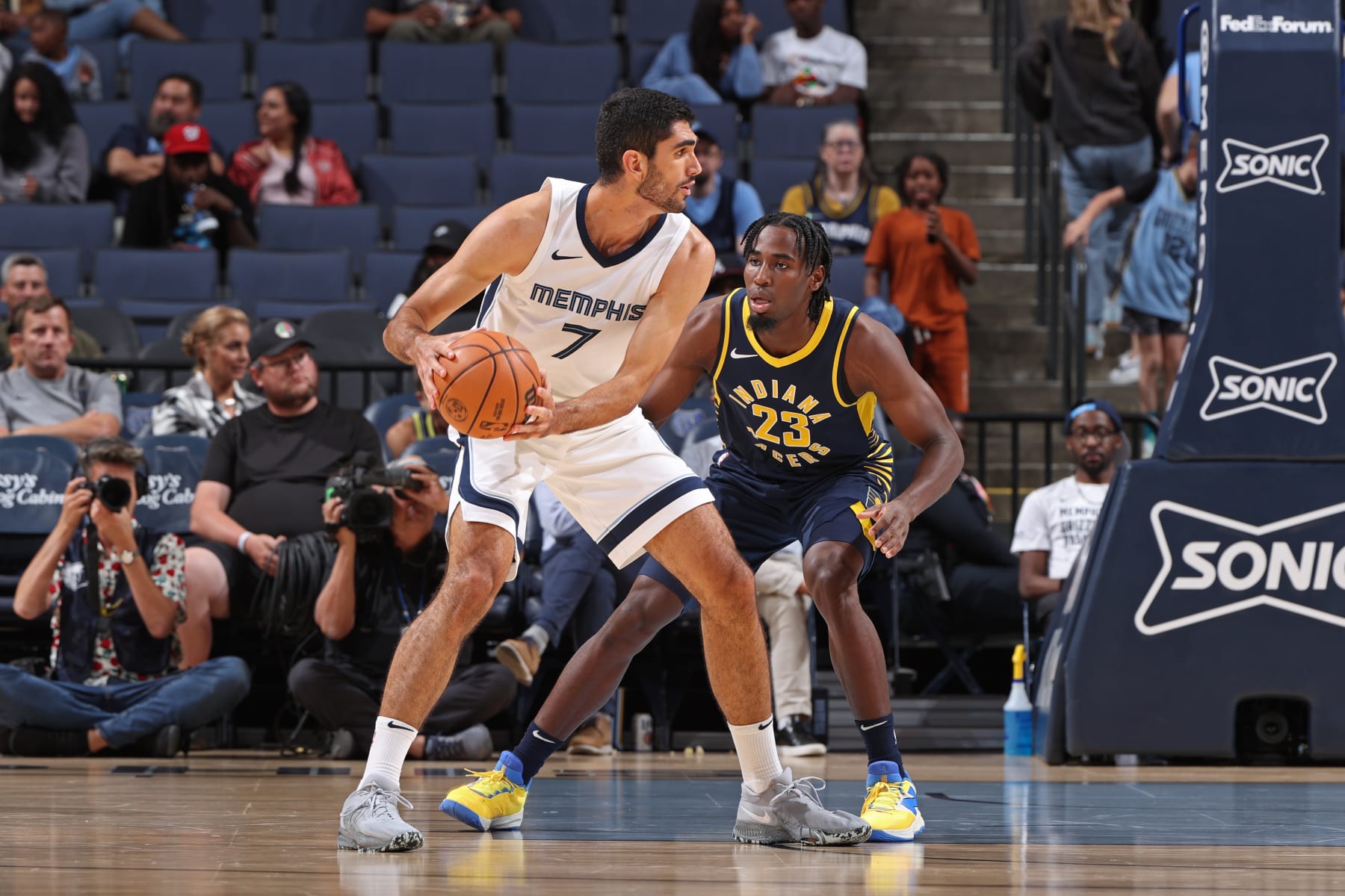 MEMPHIS, TN - OCTOBER 8: Santi Aldama #7 of the Memphis Grizzlies handles the ball during the game against the Indiana Pacers on October 8, 2023 at FedExForum in Memphis, Tennessee. NOTE TO USER: User expressly acknowledges and agrees that, by downloading and or using this photograph, User is consenting to the terms and conditions of the Getty Images License Agreement. Mandatory Copyright Notice: Copyright 2023 NBAE (Photo by Joe Murphy/NBAE via Getty Images)