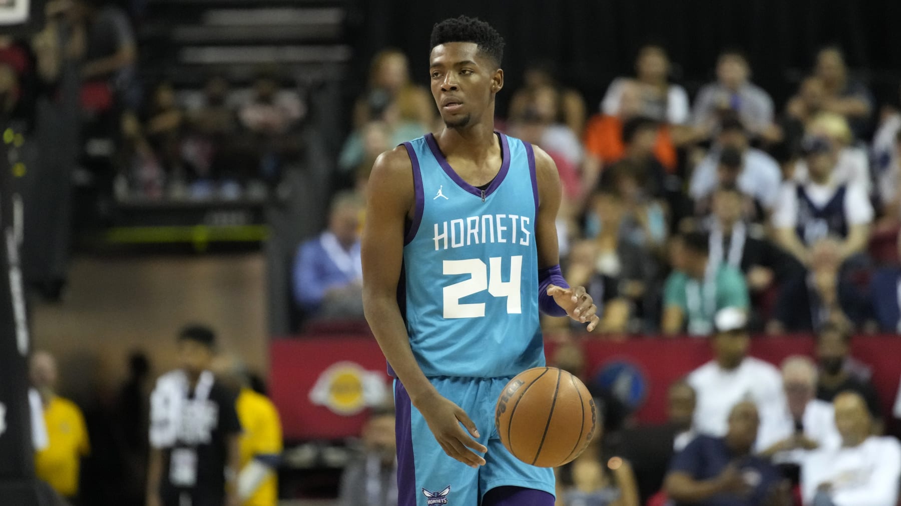 Charlotte Hornets' Brandon Miller plays against the San Antonio Spurs during the second half of an NBA summer league basketball game Friday, July 7, 2023, in Las Vegas. (AP Photo/John Locher)