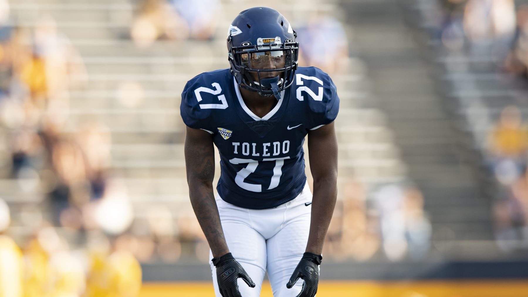 Toledo Rockets cornerback Quinyon Mitchell (27) in action during an NCAA football game against the Colorado State Rams on Sept. 18, 2021 in Toledo, Ohio. (AP Photo/Emilee Chinn)
