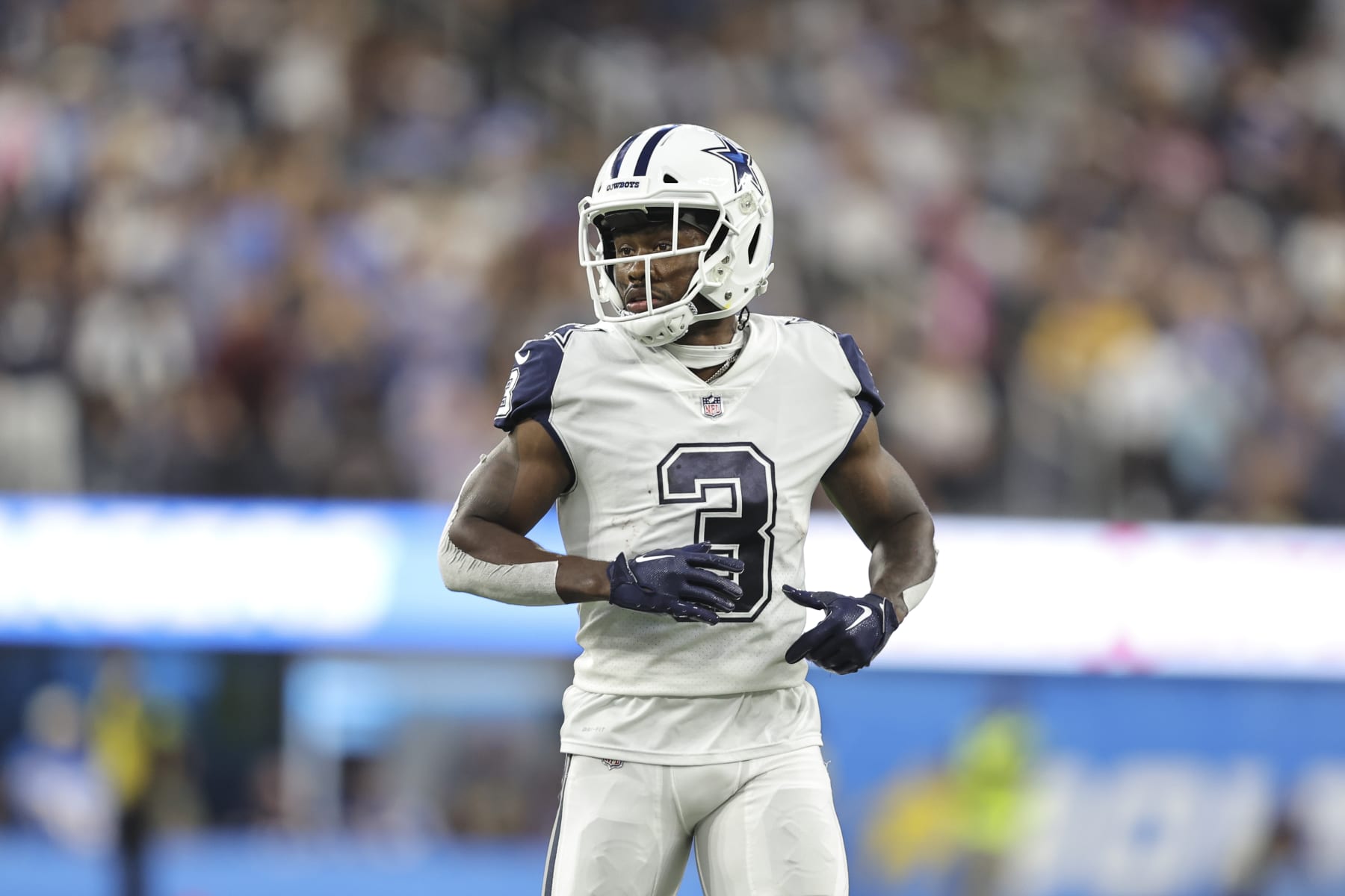 INGLEWOOD, CALIFORNIA - OCTOBER 16: Brandin Cooks #3 of the Dallas Cowboys lines up during an NFL football game between the Los Angeles Chargers and the Dallas Cowboys at SoFi Stadium on October 16, 2023 in Inglewood, California. (Photo by Michael Owens/Getty Images)