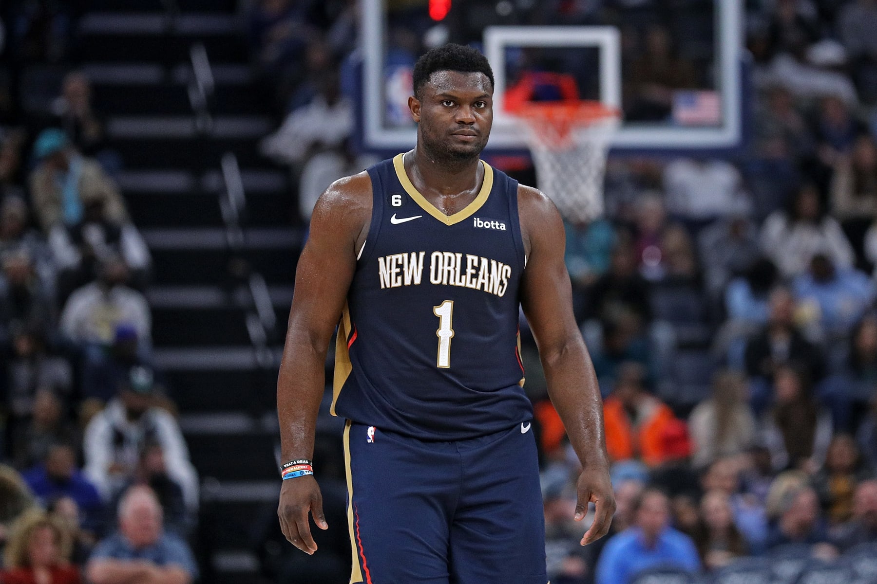 MEMPHIS, TENNESSEE - DECEMBER 31: Zion Williamson #1 of the New Orleans Pelicans during the game against the Memphis Grizzlies at FedExForum on December 31, 2022 in Memphis, Tennessee. NOTE TO USER: User expressly acknowledges and agrees that, by downloading and or using this photograph, User is consenting to the terms and conditions of the Getty Images License Agreement. (Photo by Justin Ford/Getty Images)