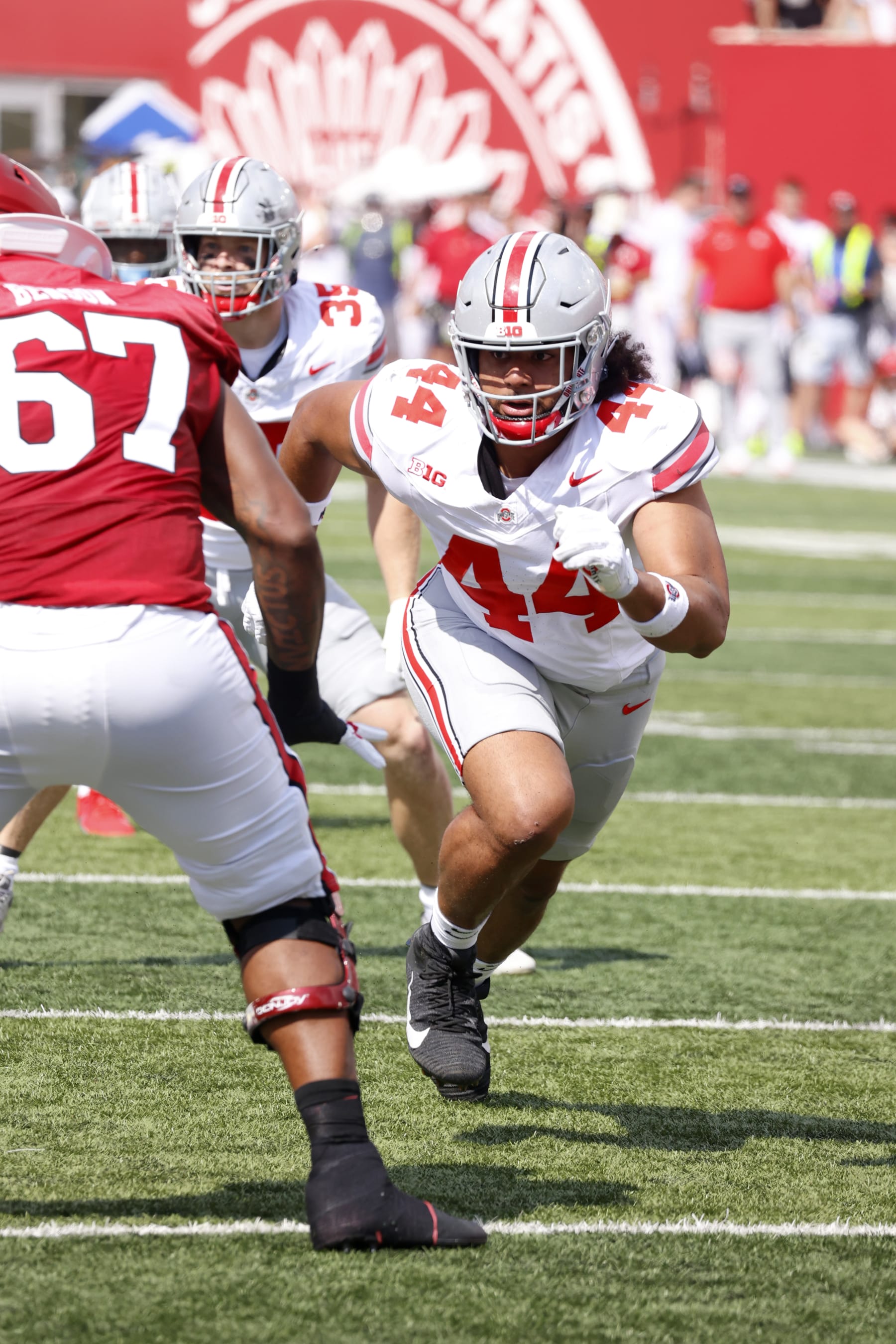 BLOOMINGTON, IN - SEPTEMBER 02: Ohio State Buckeyes defensive end JT Tuimoloau (44) in pursuit of a tackle against the Indiana Hoosiers on September 2, 2023, at Memorial Stadium in Bloomington, Indiana. (Photo by Brian Spurlock/Icon Sportswire via Getty Images)