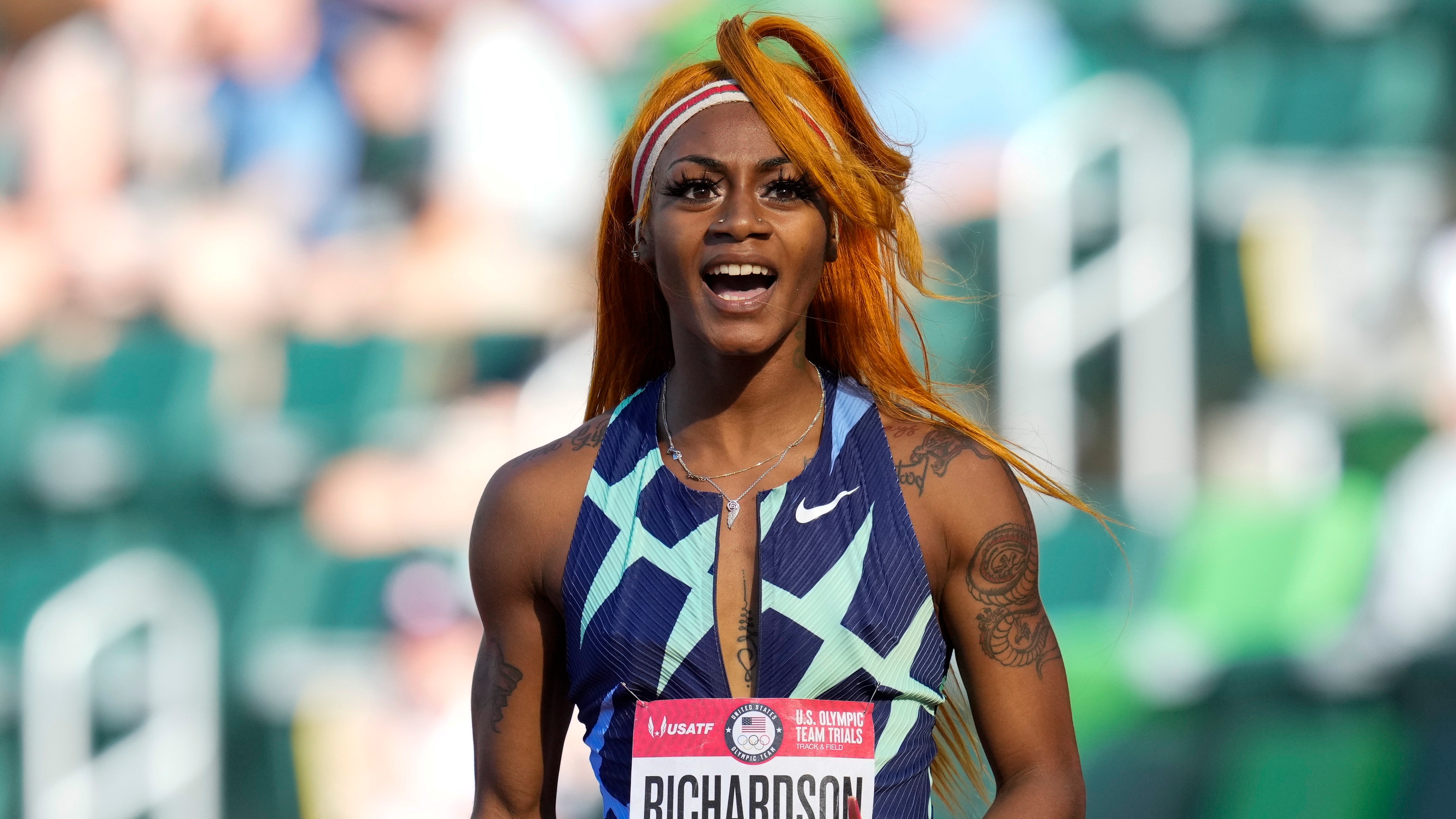 In this June 19, 2021 photo, Sha'Carri Richardson celebrates after winning the first heat of the semis finals in women's 100-meter runat the U.S. Olympic Track and Field Trials in Eugene, Ore.    Richardson cannot run in the Olympic 100-meter race after testing positive for a chemical found in marijuana.  Richardson, who won the 100 at Olympic trials in 10.86 seconds on June 19, told of her ban Friday, July 2 on the “Today Show.”(AP Photo/Ashley Landis)