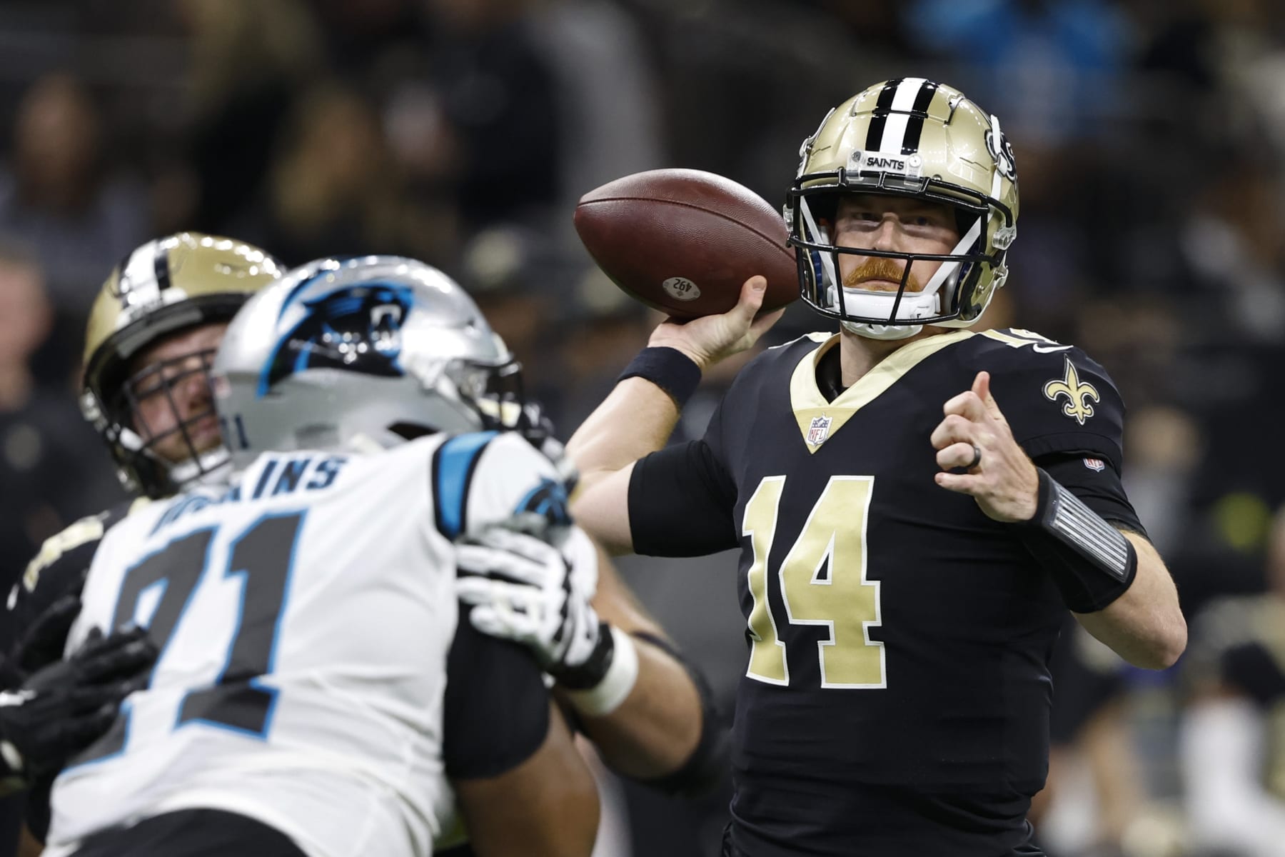 New Orleans Saints quarterback Andy Dalton passes during the first half an NFL football game between the Carolina Panthers and the New Orleans Saints in New Orleans, Sunday, Jan. 8, 2023. (AP Photo/Butch Dill)