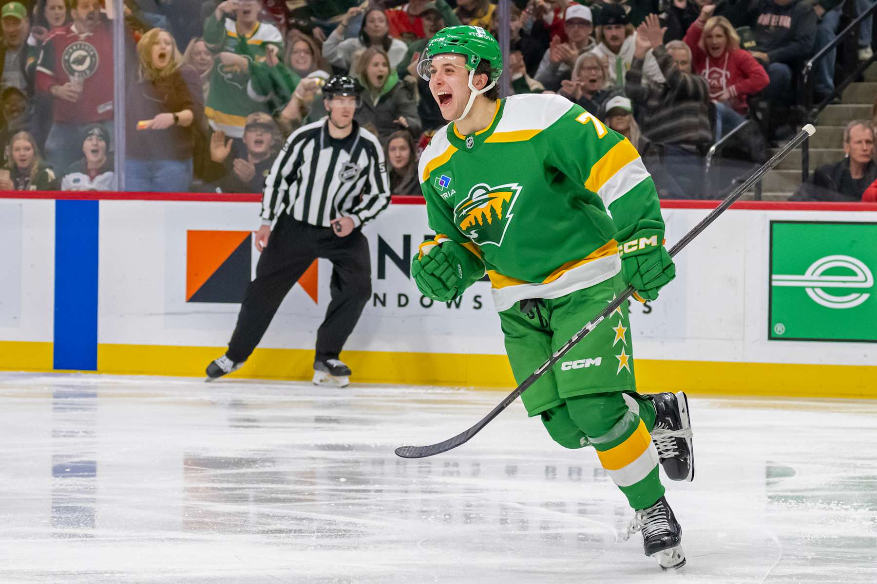 ST. PAUL, MN - DECEMBER 23: Minnesota Wild defenseman Brock Faber (7) celebrates his goal during the third period of an NHL game between the Minnesota Wild and Chicago Blackhawks on December 23, 2024, at Xcel Energy Center in St. Paul, MN. (Photo by Nick Wosika/Icon Sportswire via Getty Images)