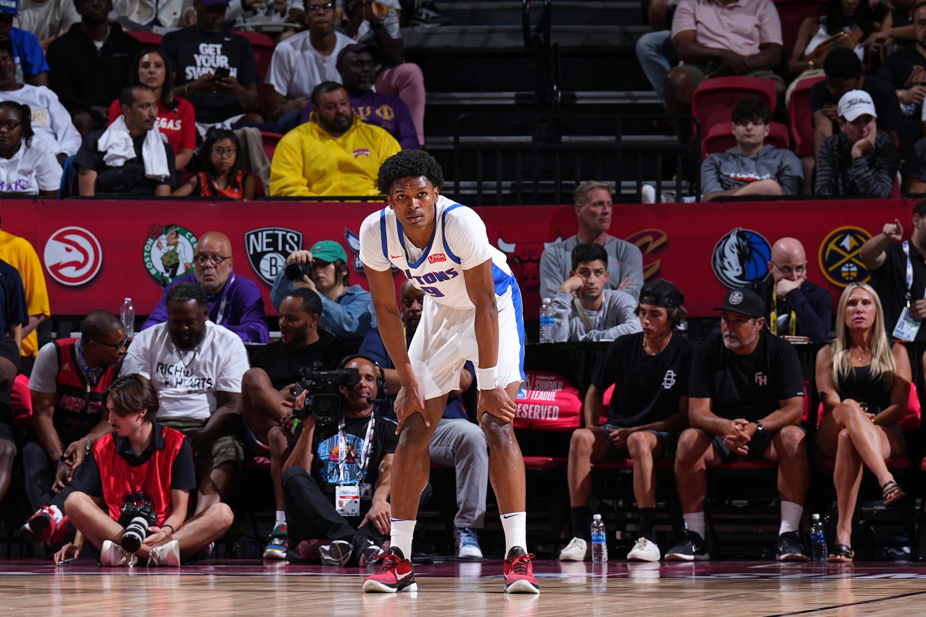 LAS VEGAS, NV - JULY 14: Ausar Thompson #9 of the Detroit Pistons looks on during the 2023 NBA Las Vegas Summer League on July 14, 2023 at the Thomas & Mack Center in Las Vegas, Nevada. NOTE TO USER: User expressly acknowledges and agrees that, by downloading and or using this photograph, User is consenting to the terms and conditions of the Getty Images License Agreement. Mandatory Copyright Notice: Copyright 2023 NBAE (Photo by Garrett Ellwood/NBAE via Getty Images)
