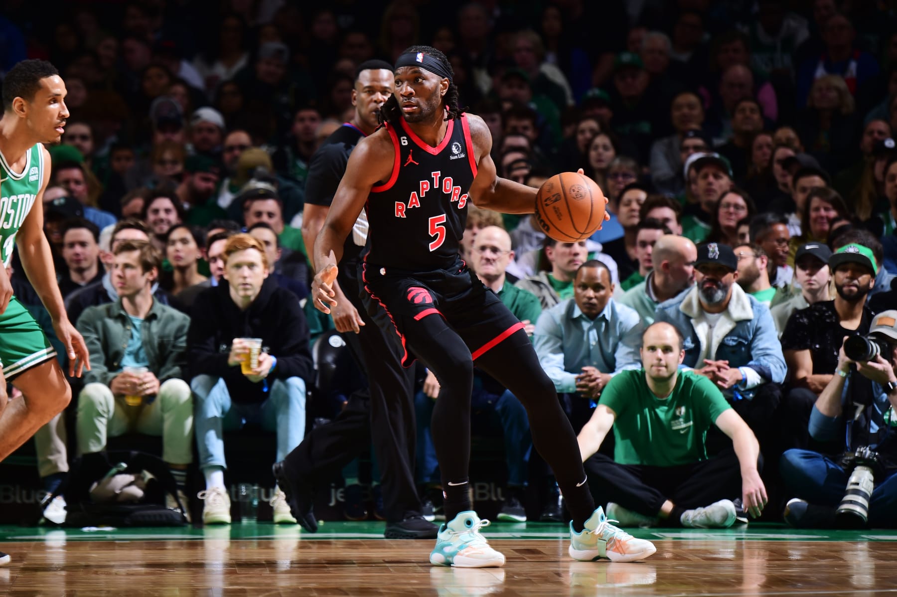 BOSTON, MA - APRIL 5: Precious Achiuwa #5 of the Toronto Raptors dribbles the ball during the game against the Boston Celtics on April 5, 2023 at the TD Garden in Boston, Massachusetts. NOTE TO USER: User expressly acknowledges and agrees that, by downloading and or using this photograph, User is consenting to the terms and conditions of the Getty Images License Agreement. Mandatory Copyright Notice: Copyright 2023 NBAE  (Photo by Brian Babineau/NBAE via Getty Images)