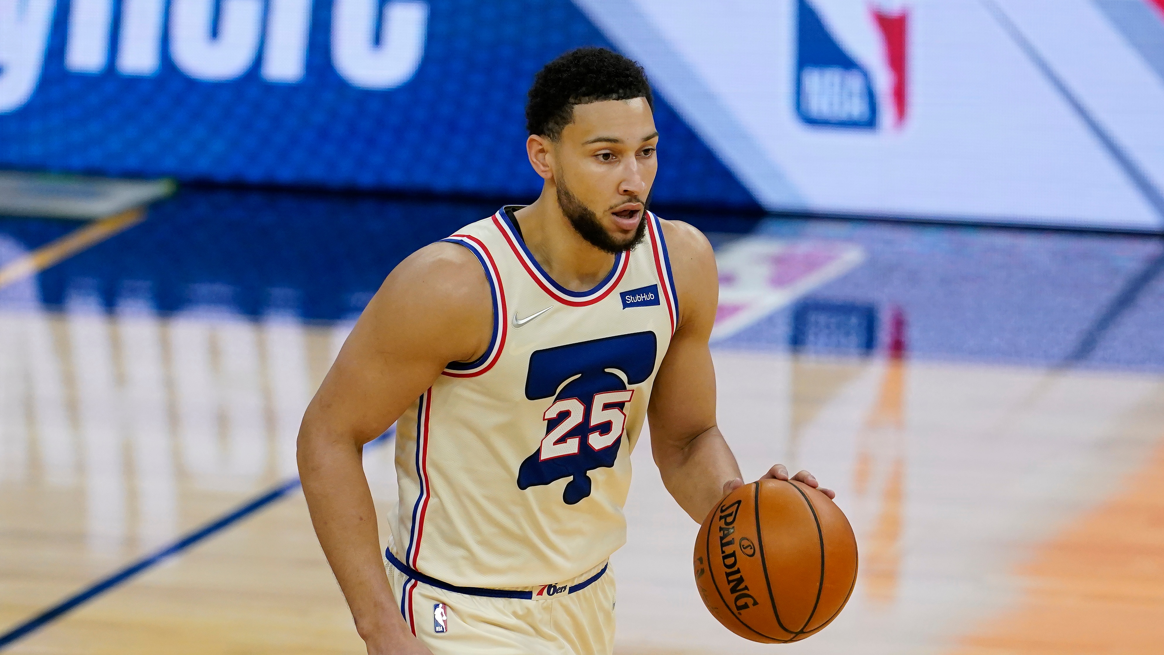 Philadelphia 76ers guard Ben Simmons (25) against the Golden State Warriors during an NBA basketball game in San Francisco, Tuesday, March 23, 2021. (AP Photo/Jeff Chiu)