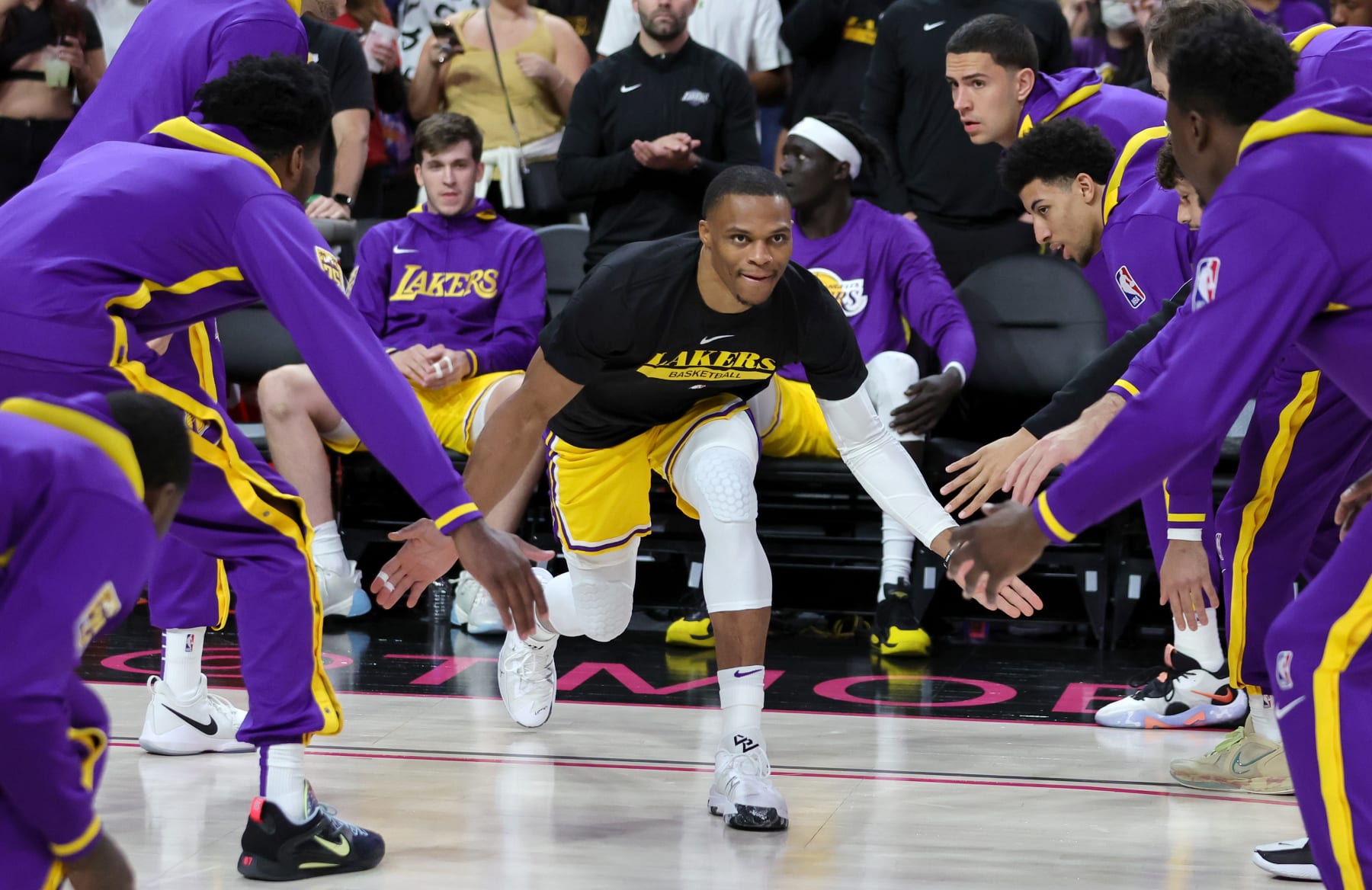 LAS VEGAS, NEVADA - OCTOBER 05: Russell Westbrook #0 of the Los Angeles Lakers is introduced before a preseason game against the Phoenix Suns at T-Mobile Arena on October 05, 2022 in Las Vegas, Nevada. The Suns defeated the Lakers 119-115. NOTE TO USER: User expressly acknowledges and agrees that, by downloading and or using this photograph, User is consenting to the terms and conditions of the Getty Images License Agreement. (Photo by Ethan Miller/Getty Images)