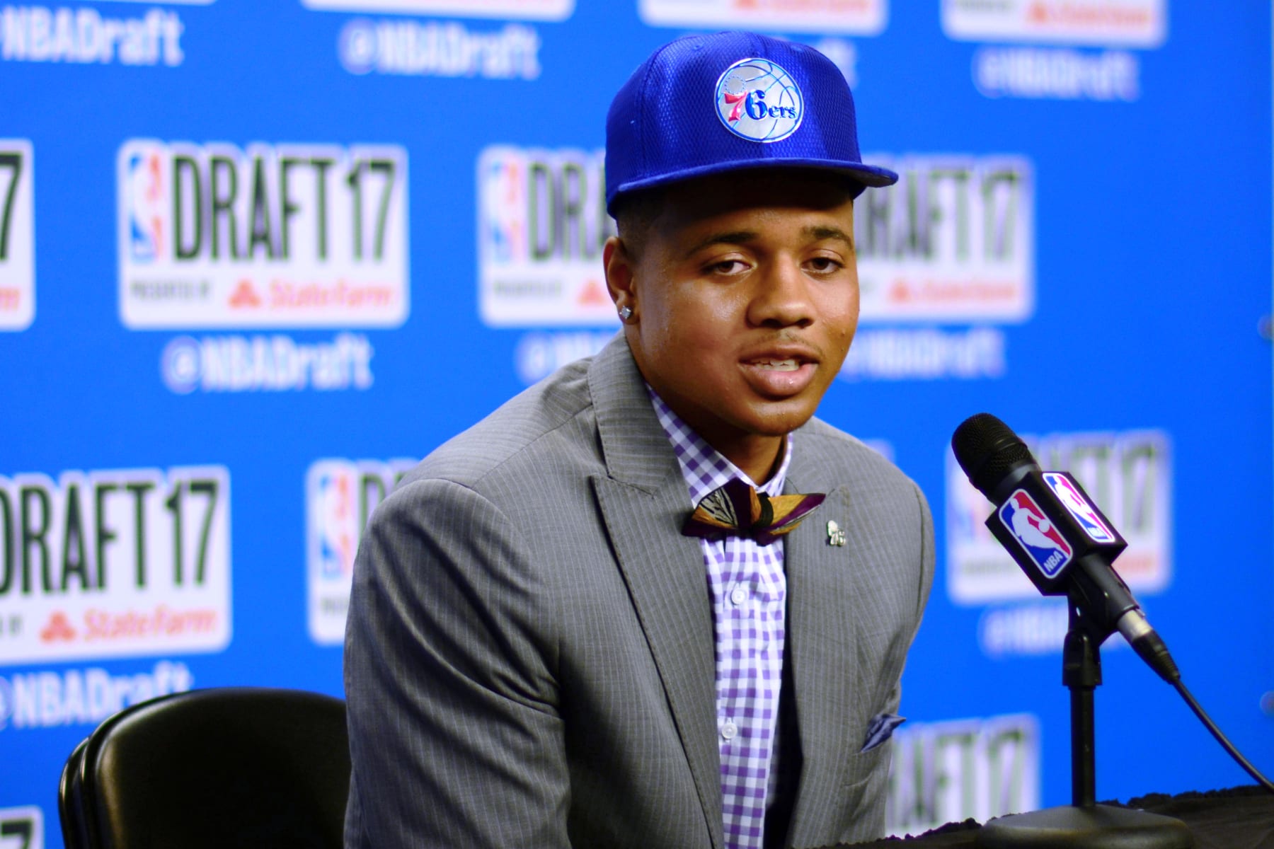 BROOKLYN, NY - JUNE 22: Markelle Fultz speaks with the media after being selected first overall by the Philadelphia 76ers at the 2017 NBA Draft on June 22, 2017 at Barclays Center in Brooklyn, New York. NOTE TO USER: User expressly acknowledges and agrees that, by downloading and or using this photograph, User is consenting to the terms and conditions of the Getty Images License Agreement. Mandatory Copyright Notice: Copyright 2017 NBAE (Photo by Stephen Pellegrino/NBAE via Getty Images)