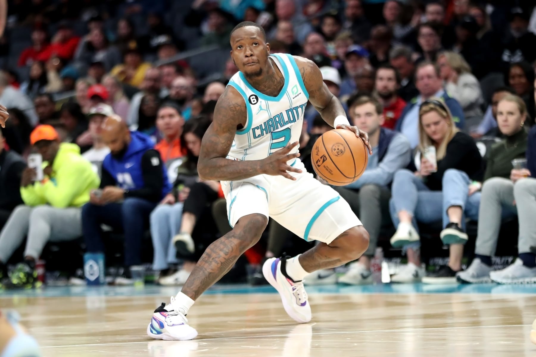 CHARLOTTE, NORTH CAROLINA - MARCH 14: Terry Rozier #3 of the Charlotte Hornets steps back to shoot the ball during the first half of a basketball game against the Cleveland Cavaliers at Spectrum Center on March 14, 2023 in Charlotte, North Carolina. NOTE TO USER: User expressly acknowledges and agrees that, by downloading and or using this photograph, User is consenting to the terms and conditions of the Getty Images License Agreement. (Photo by David Jensen/Getty Images)